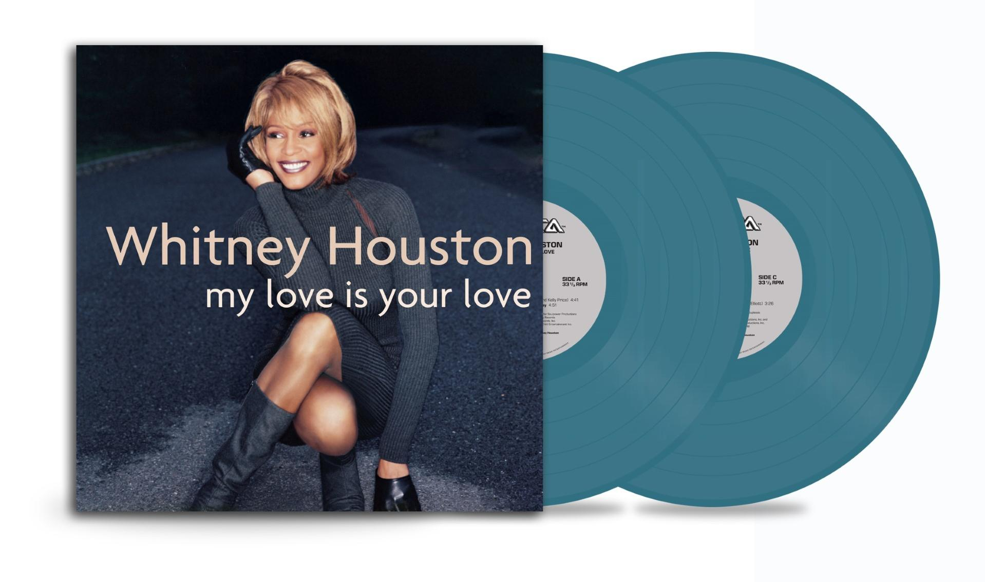 Whitney Houston 'My Love Is Your Love' című albumának borítója két türkizkék bakelit lemezzel.