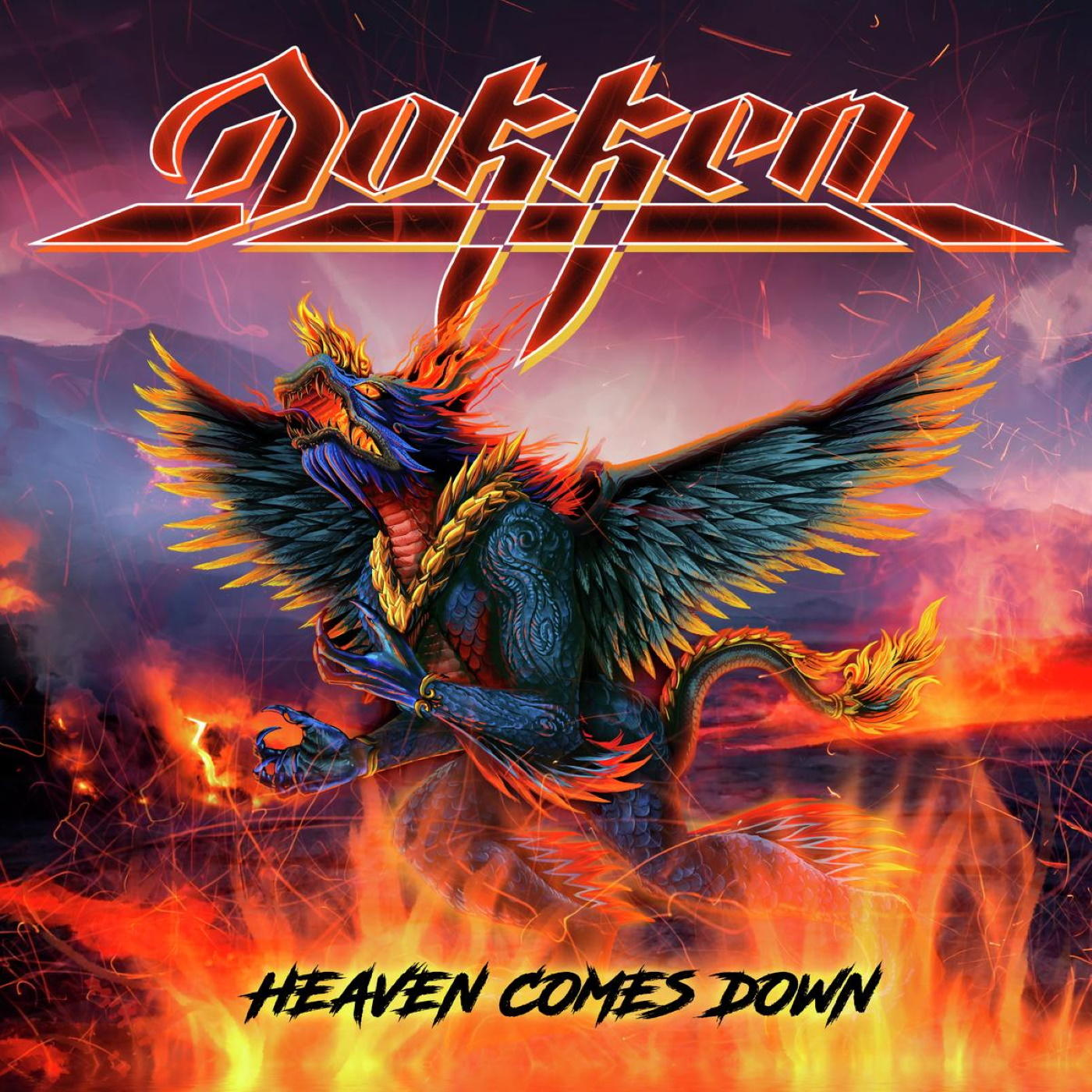 Album borító tűzben lévő sárkánnyal, Dokken logóval, és 'Heaven Comes Down' szöveggel.