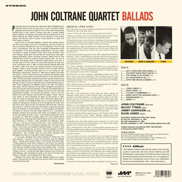 Egy bakelit lemezborító szöveggel és képekkel. A borító egy John Coltrane Quartet albumé.