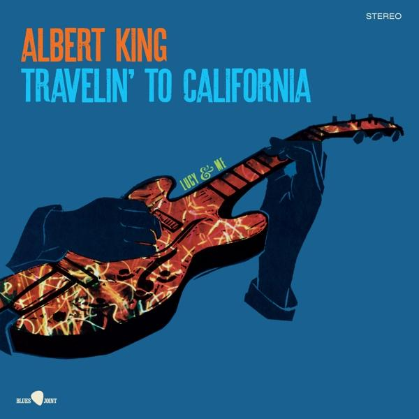 Album borító: Albert King, 'Travelin' to California', egy gitárt tartó kéz illusztrációja.