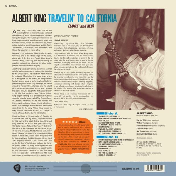 Albert King 'Travelin' to California' című albumának borítója, szöveggel és fotóval.