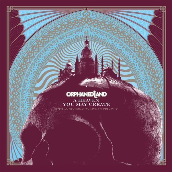 Album borító. Koponya, tetején várossal, szöveg: Orphaned Land. A Heaven You May Create. 30. évforduló.