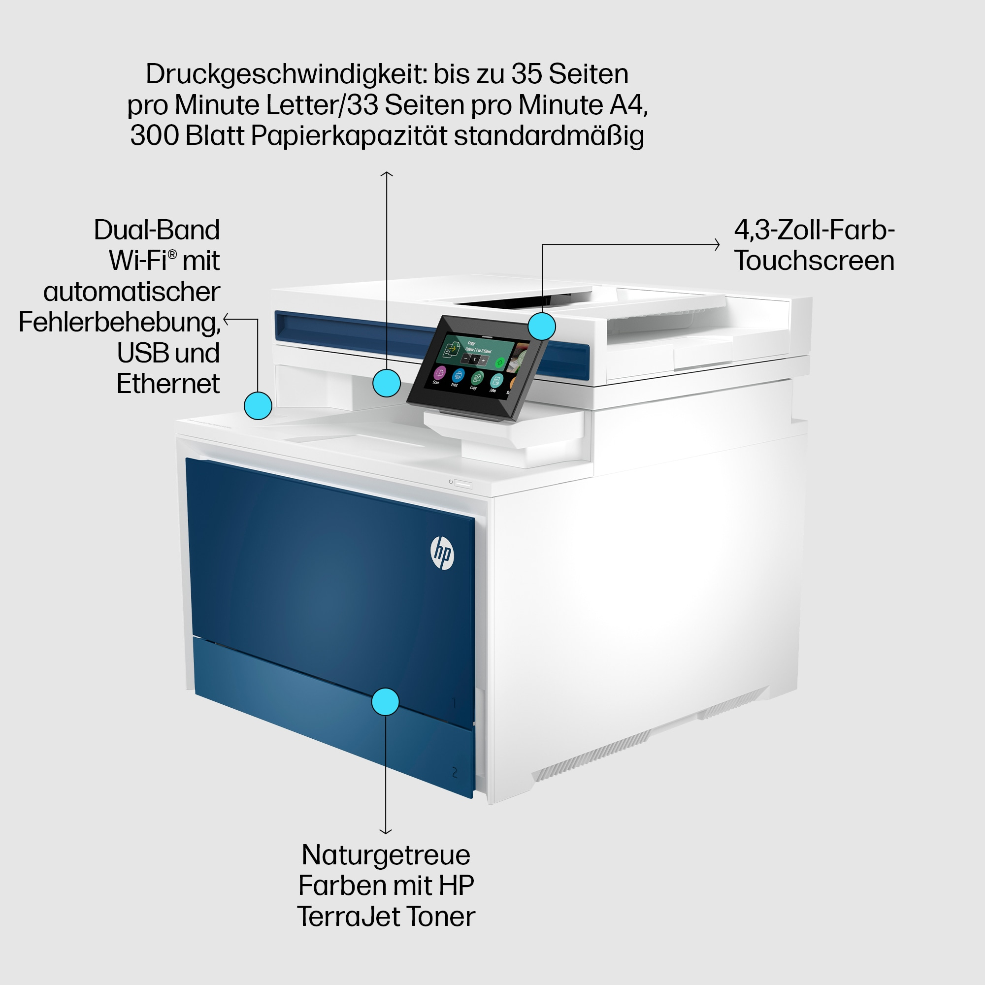 Weißer und blauer Drucker mit Touchscreen, blaue Pfeile.