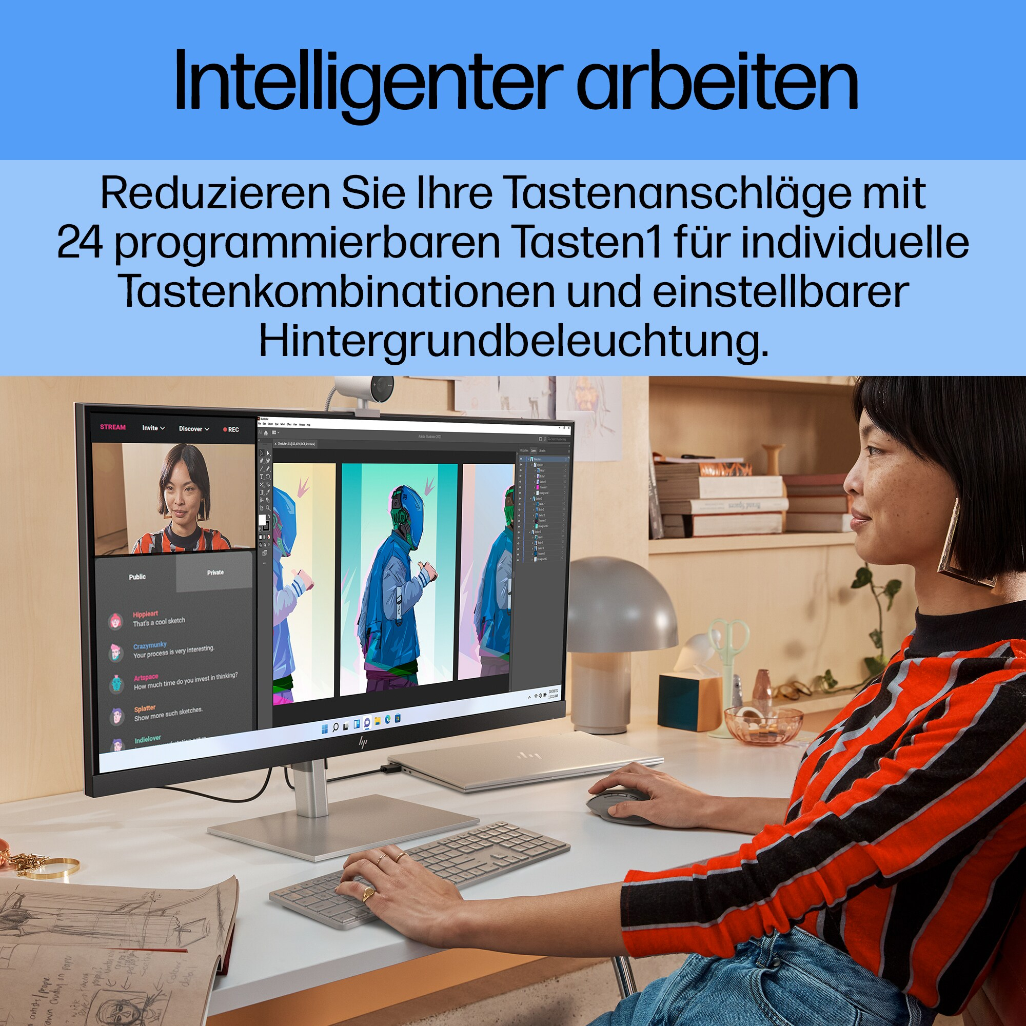 Eine Frau arbeitet an einem Computer mit externer Tastatur.
