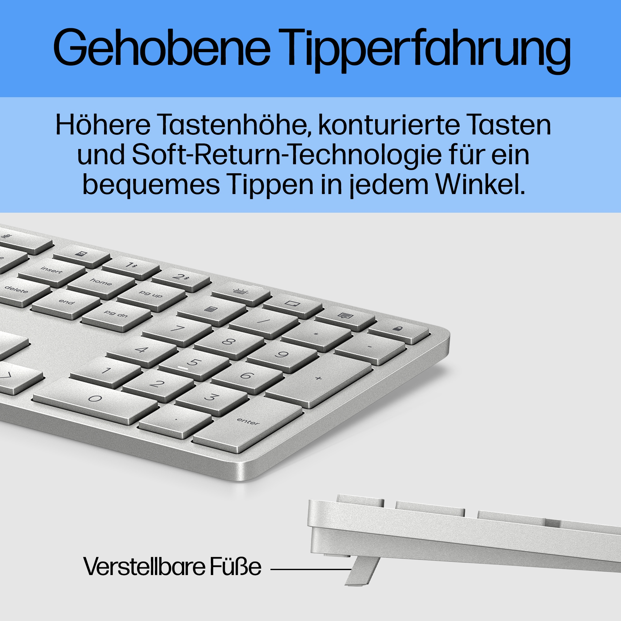 Nahaufnahme einer Tastatur mit abgewinkelten Tasten und verstellbaren Füßen.