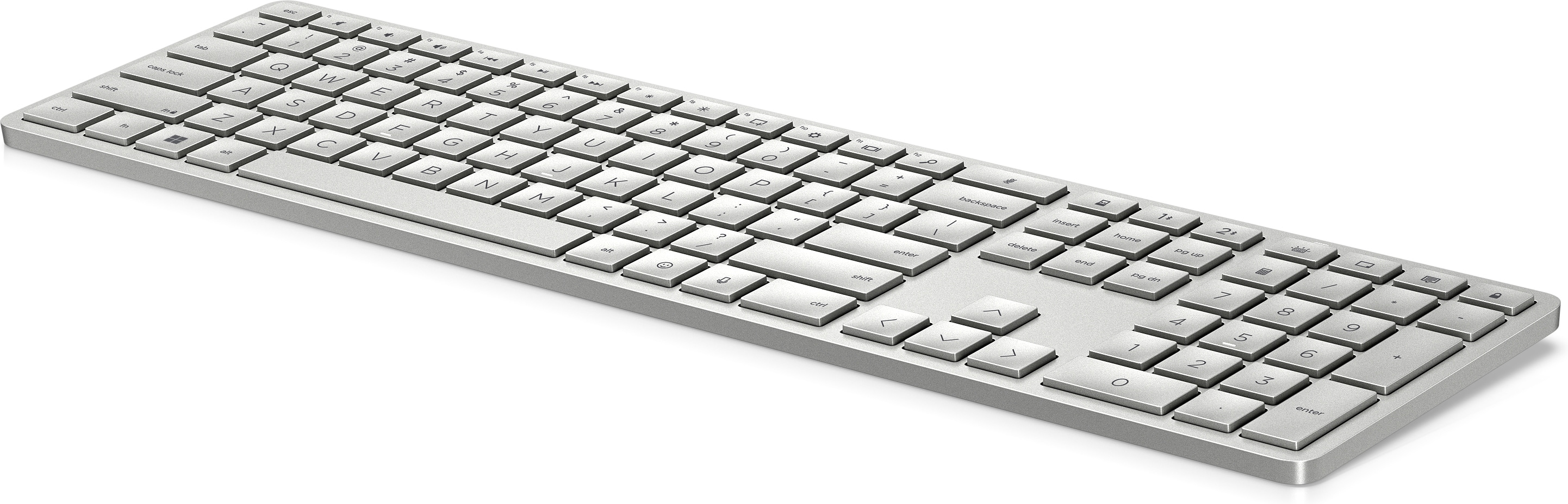 Eine silberne Tastatur mit weißen Tasten und Nummernblock. HP-Logo links.