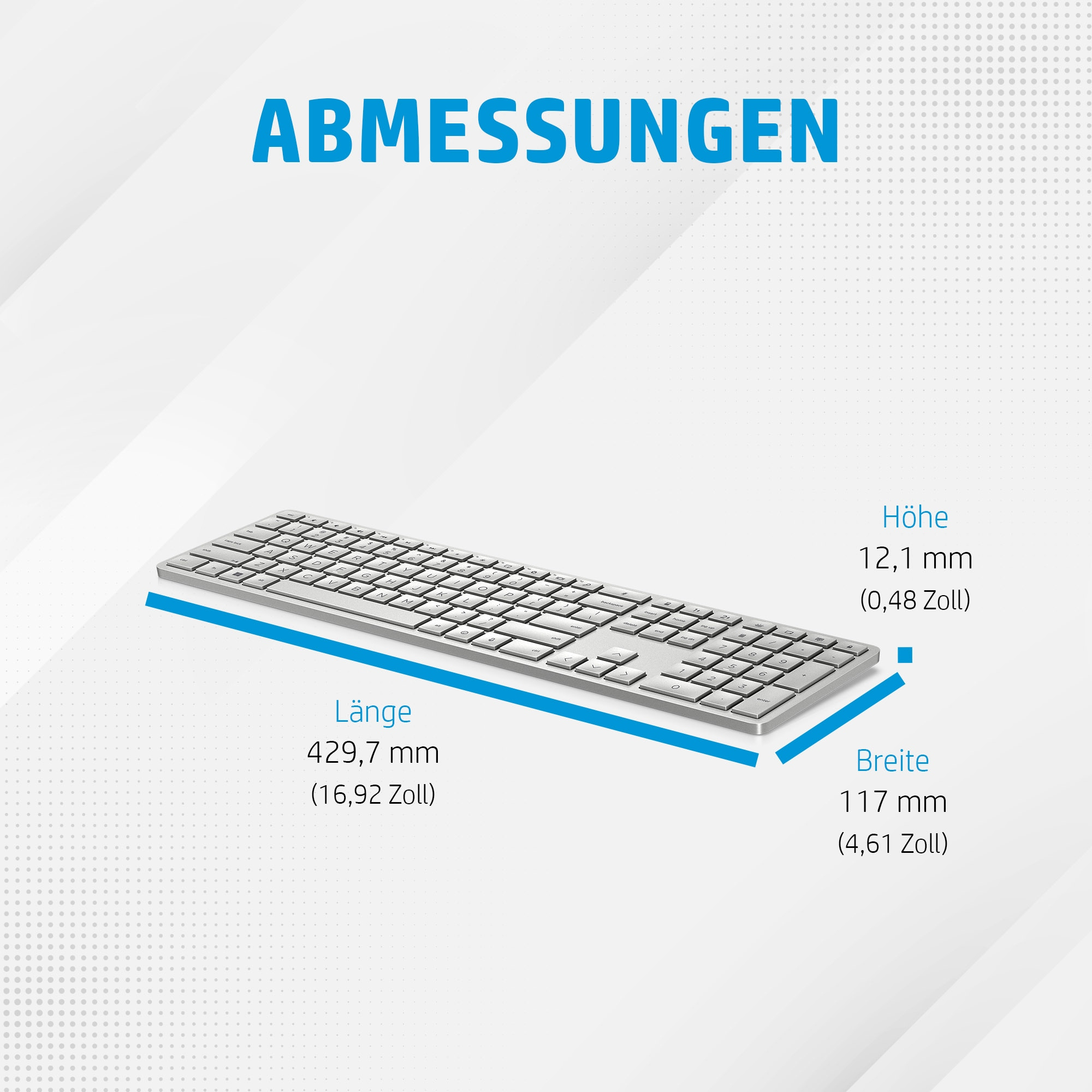 Silberne Tastatur mit Maßen: Länge 429,7 mm, Breite 117 mm, Höhe 12,1 mm.