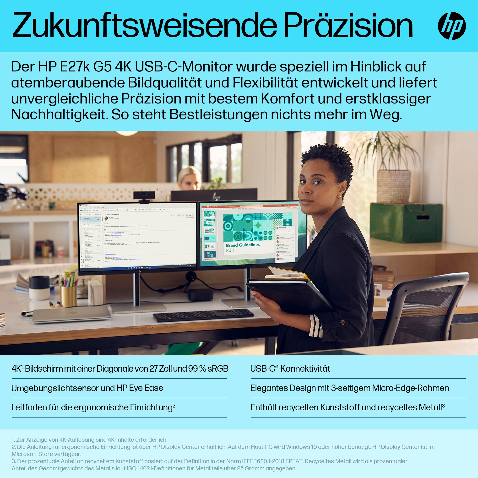 Eine Frau im Blazer hält ein Tablet und schaut in die Kamera. Zwei Monitore zeigen Inhalte. Text und das HP-Logo sind sichtbar.