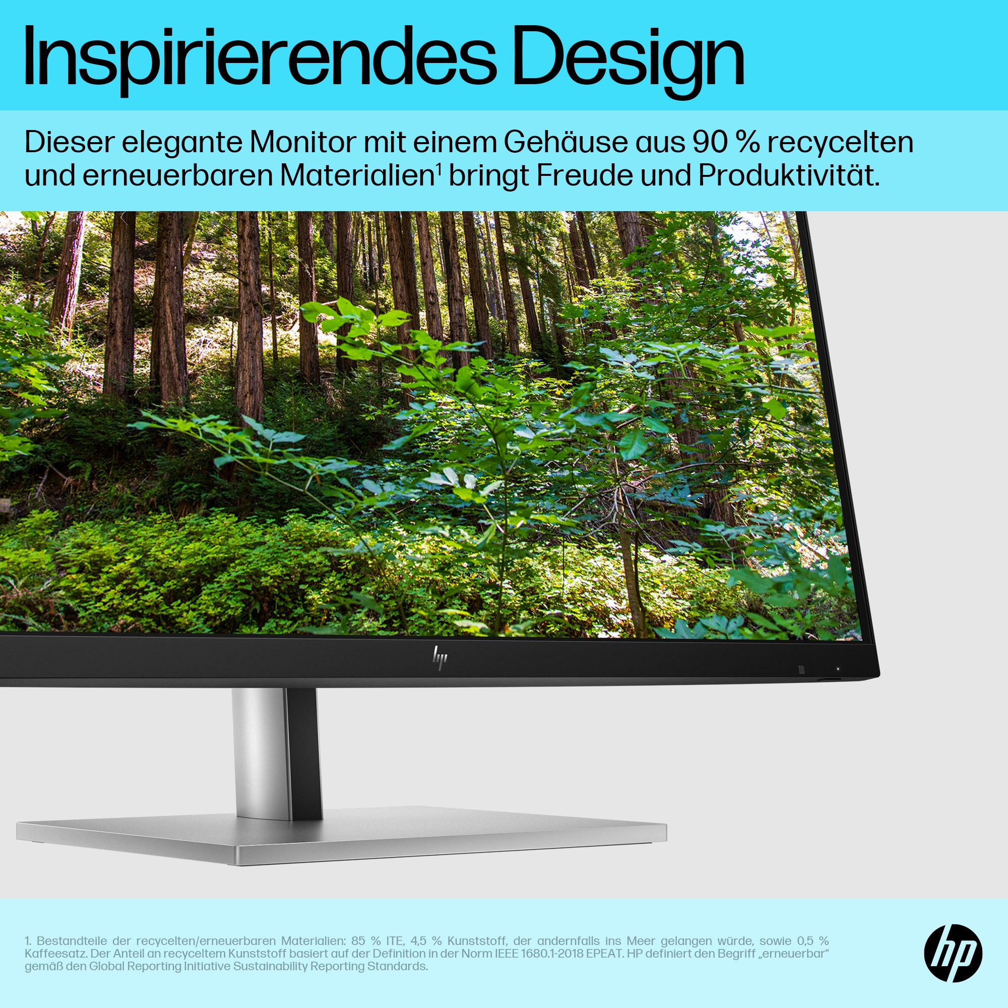 Ein Monitor mit Wald-Bild. Text sagt 'Inspirierendes Design' und erwähnt recycelte Materialien.