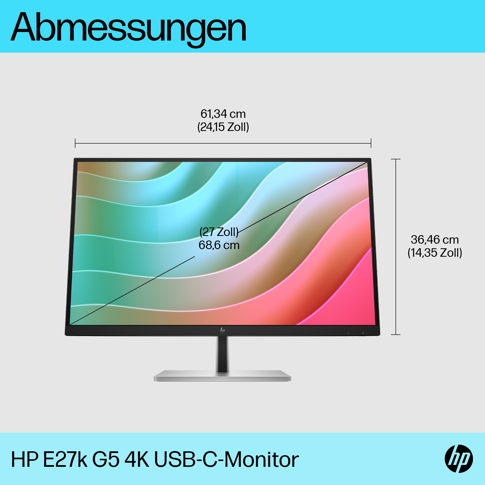 Ein HP-Monitor mit angezeigten Abmessungen. Der Bildschirm zeigt ein farbenfrohes Wellenmuster. Das Modell heißt HP E27k G5 4K USB-C-Monitor.