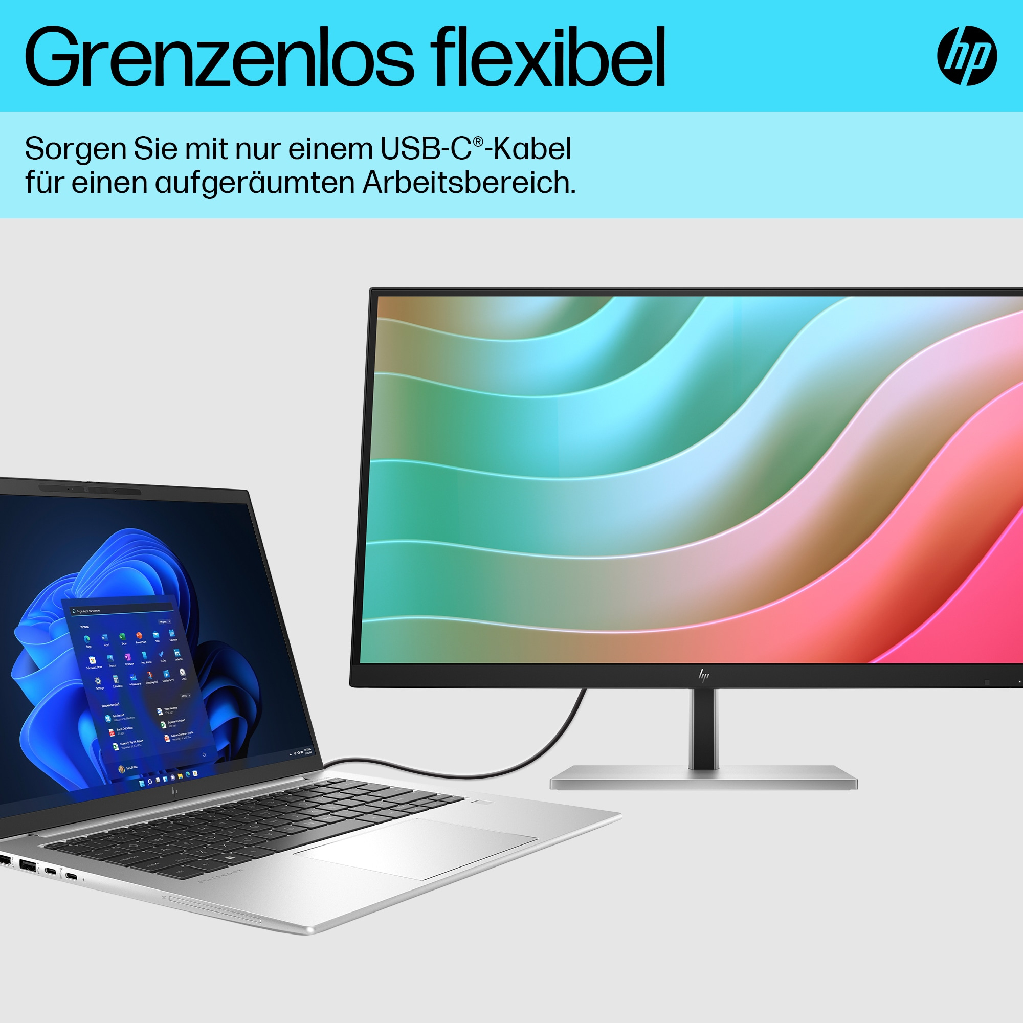 Laptop mit Monitor verbunden, USB-C-Kabel. Monitor zeigt bunten Hintergrund. HP-Logo sichtbar.