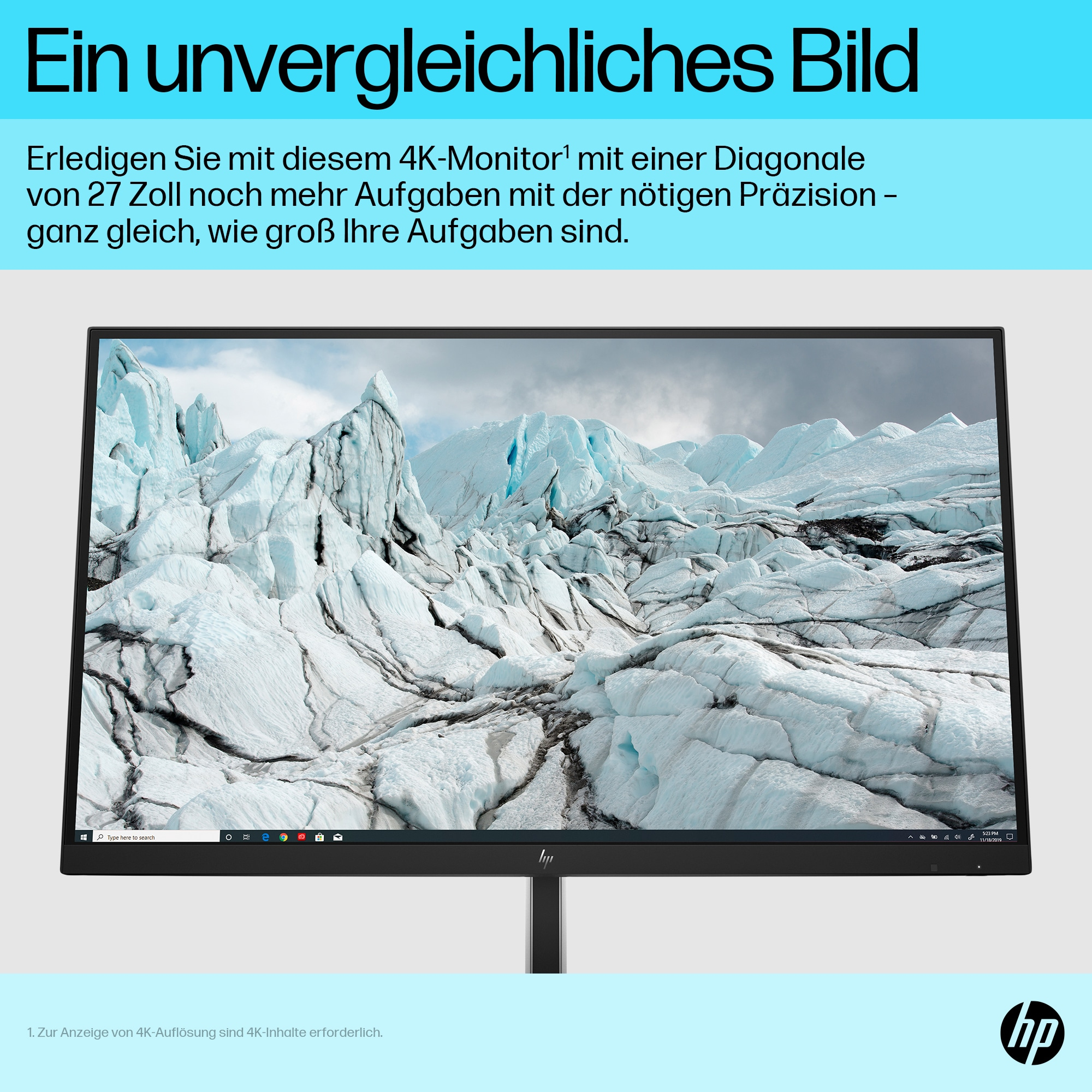 Ein schwarzer Monitor zeigt ein Gletscherbild. Der Text oben lautet 'Ein unvergleichliches Bild'.