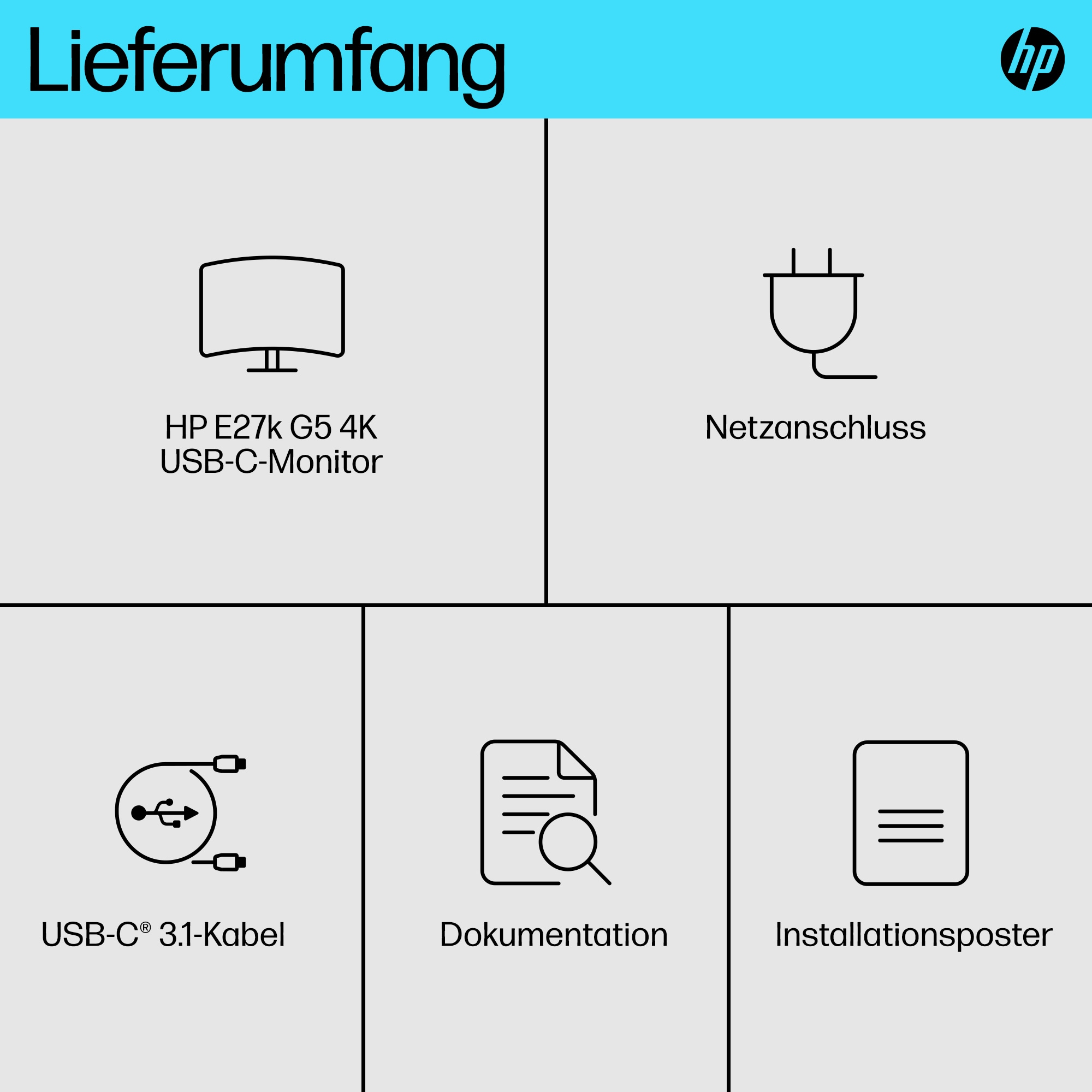 Das Bild zeigt den HP E27k Monitor und Zubehör: Kabel, Netzstecker, Dokumentation und Installationsposter.