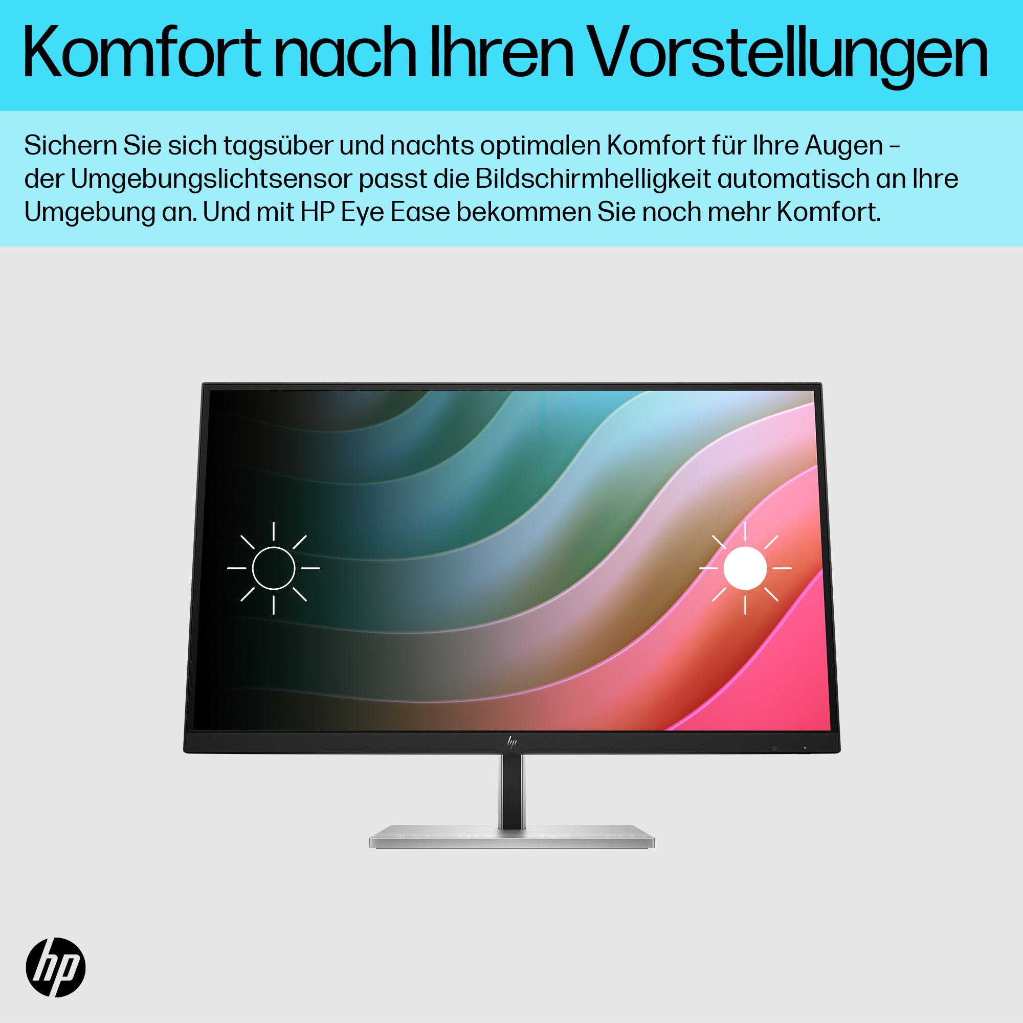 Ein Monitor mit Farbverlauf. HP-Logo. Text erwähnt Augenkomfort und automatische Helligkeitsanpassung.