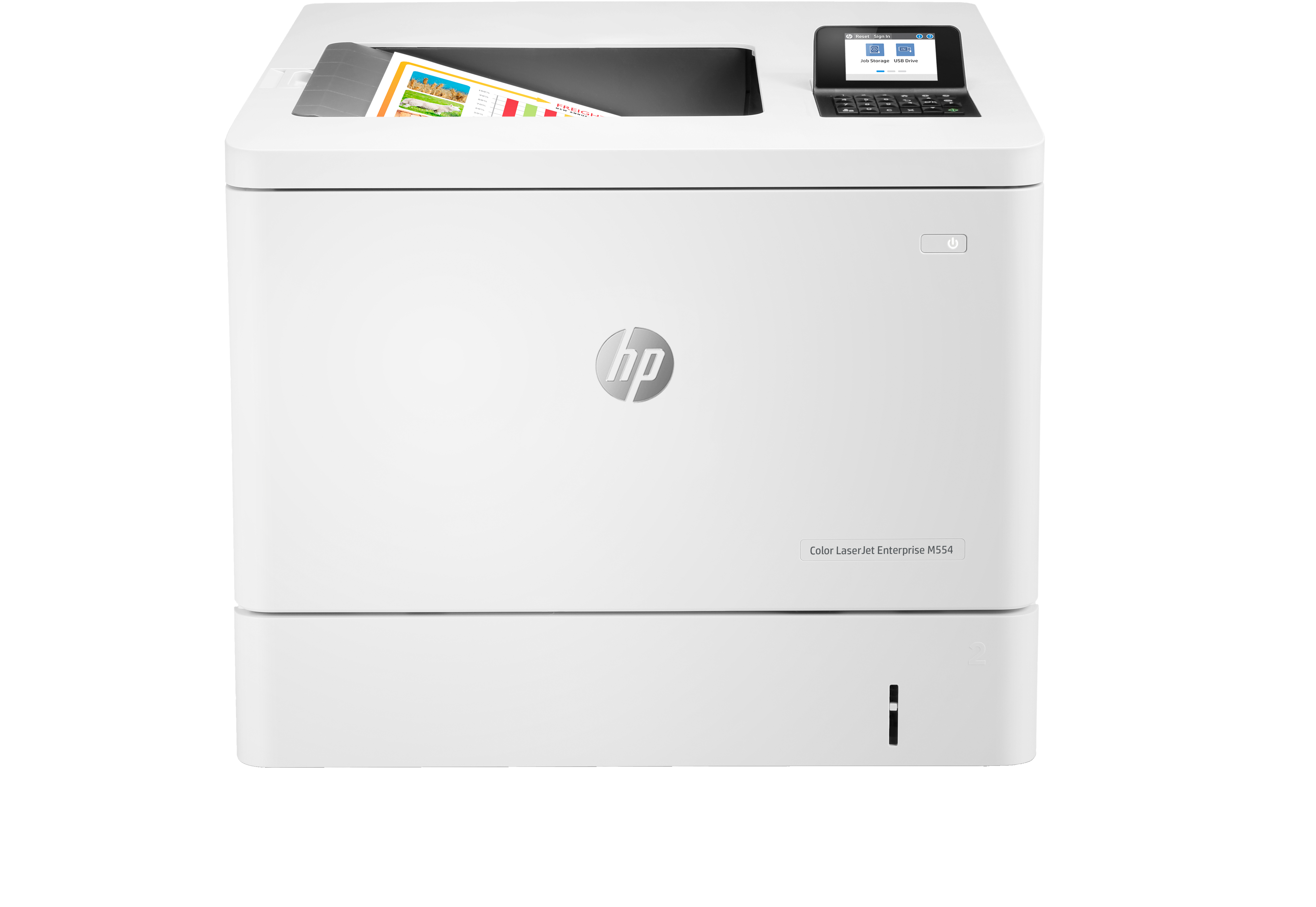 Weißer HP-Drucker mit Dokument. Kleiner Bildschirm oben. Weißer Hintergrund.