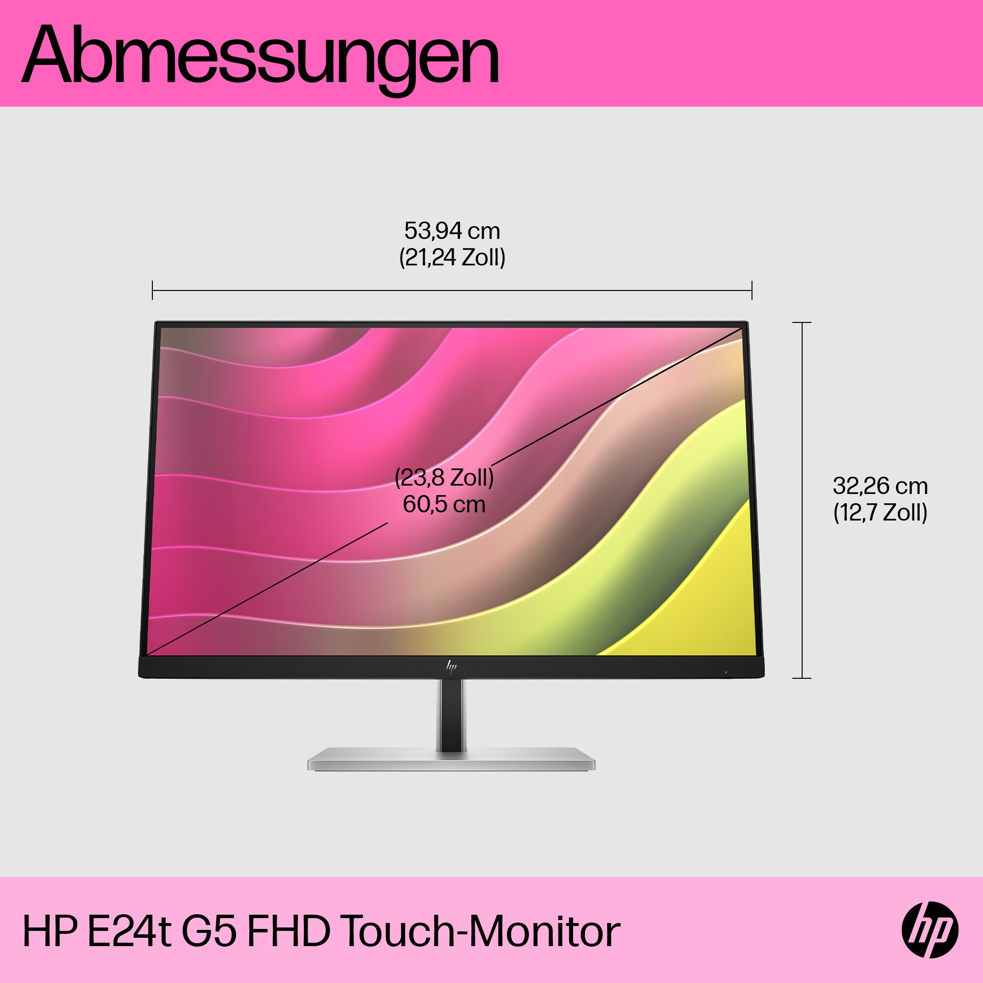 HP E24t G5 FHD Touch-Monitor. Das Display zeigt rosa, gelbe und beige Wellen. Abmessungen und Größen werden angezeigt.