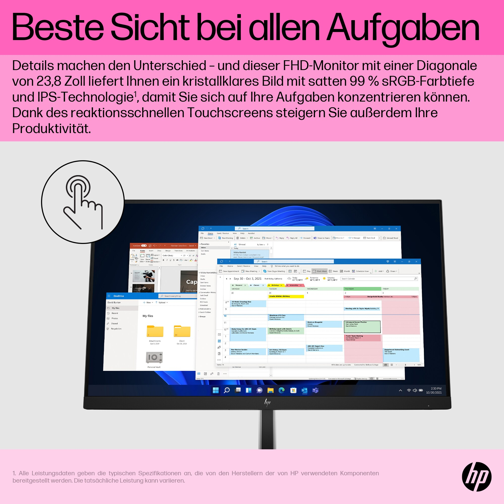Ein Monitor zeigt Kalender und Dateien. Ein Fingersymbol zeigt auf den Bildschirm. Das HP-Logo unten rechts.