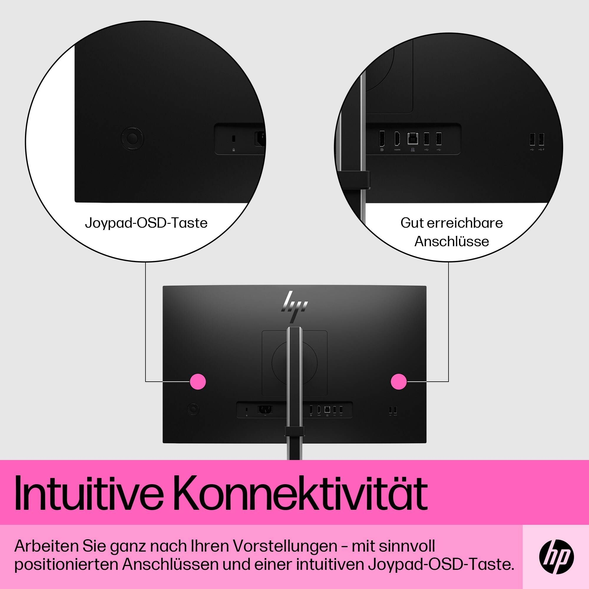 Ein schwarzer Monitor zeigt Anschlüsse und eine Taste. Text sagt Intuitive Konnektivität. HP-Logo unten rechts.