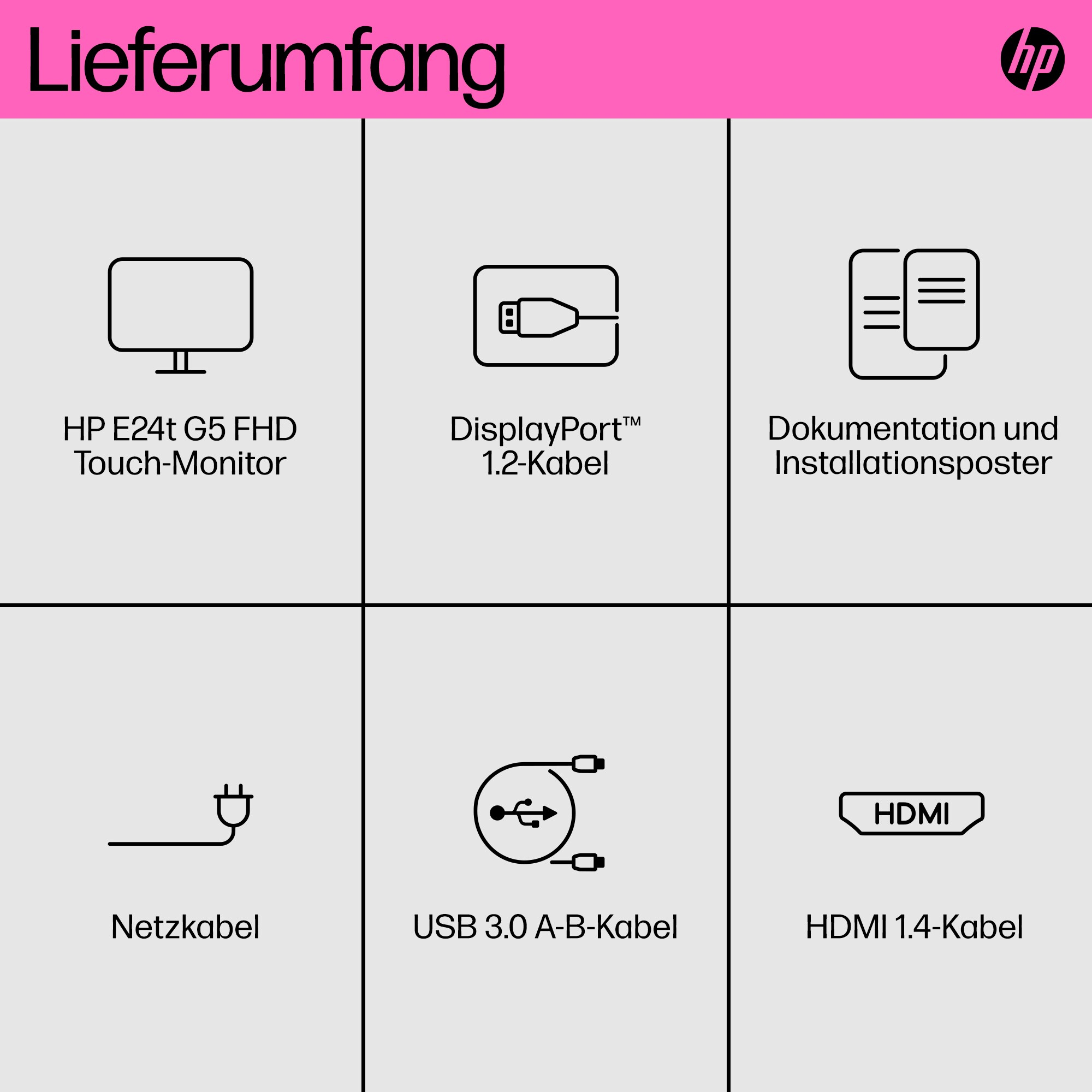Das Bild zeigt den Lieferumfang: Monitor, Displayport-Kabel, Dokumentation, Netzkabel, USB-Kabel und HDMI-Kabel.
