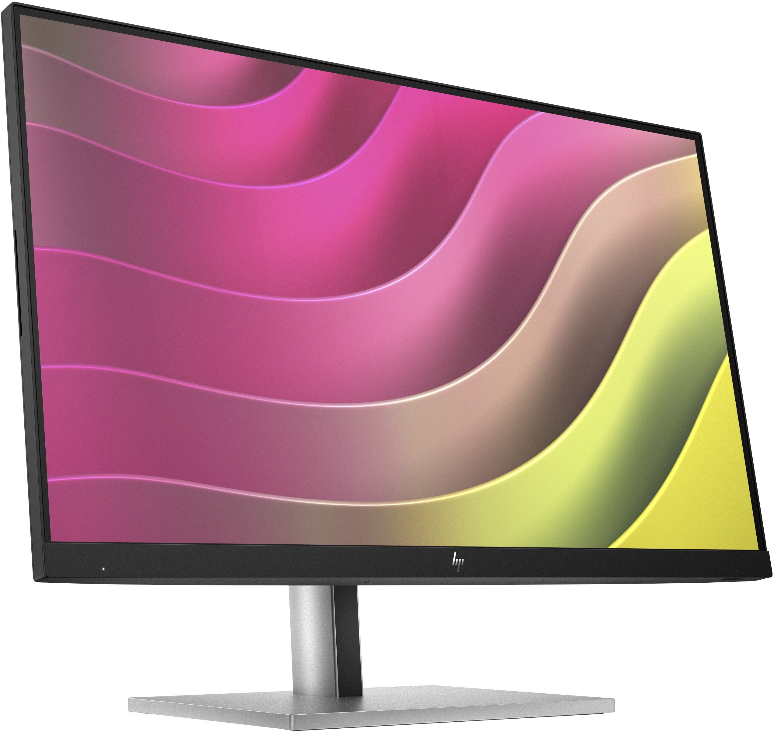 Ein HP-Monitor zeigt ein farbenfrohes, abstraktes Design. Der Monitor hat einen schwarzen Rahmen und einen silbernen Ständer.