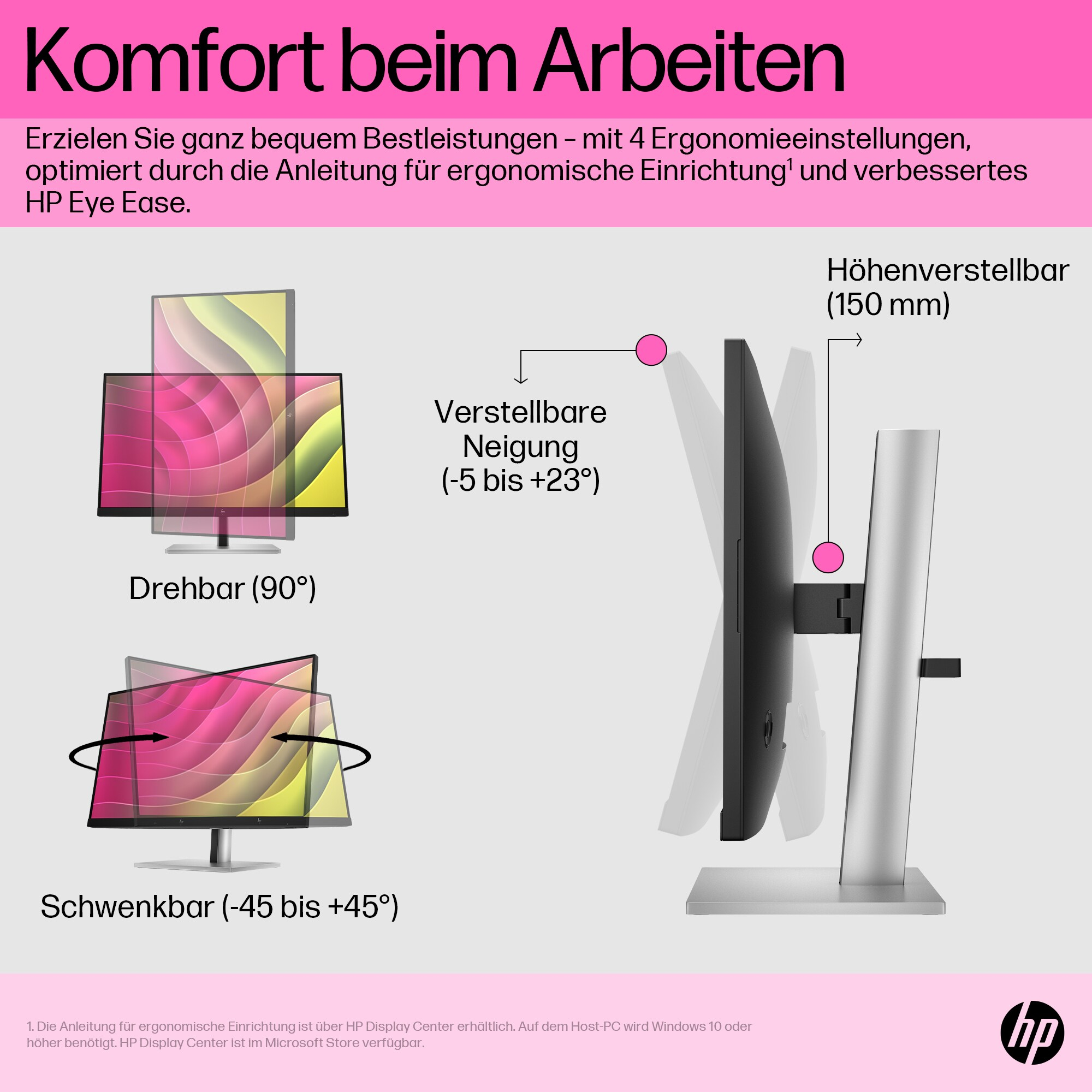 Diagramm eines Monitors mit einstellbaren Funktionen wie Höhe, Neigung, Drehung und Rotation. Text weist auf ergonomische Vorteile hin.