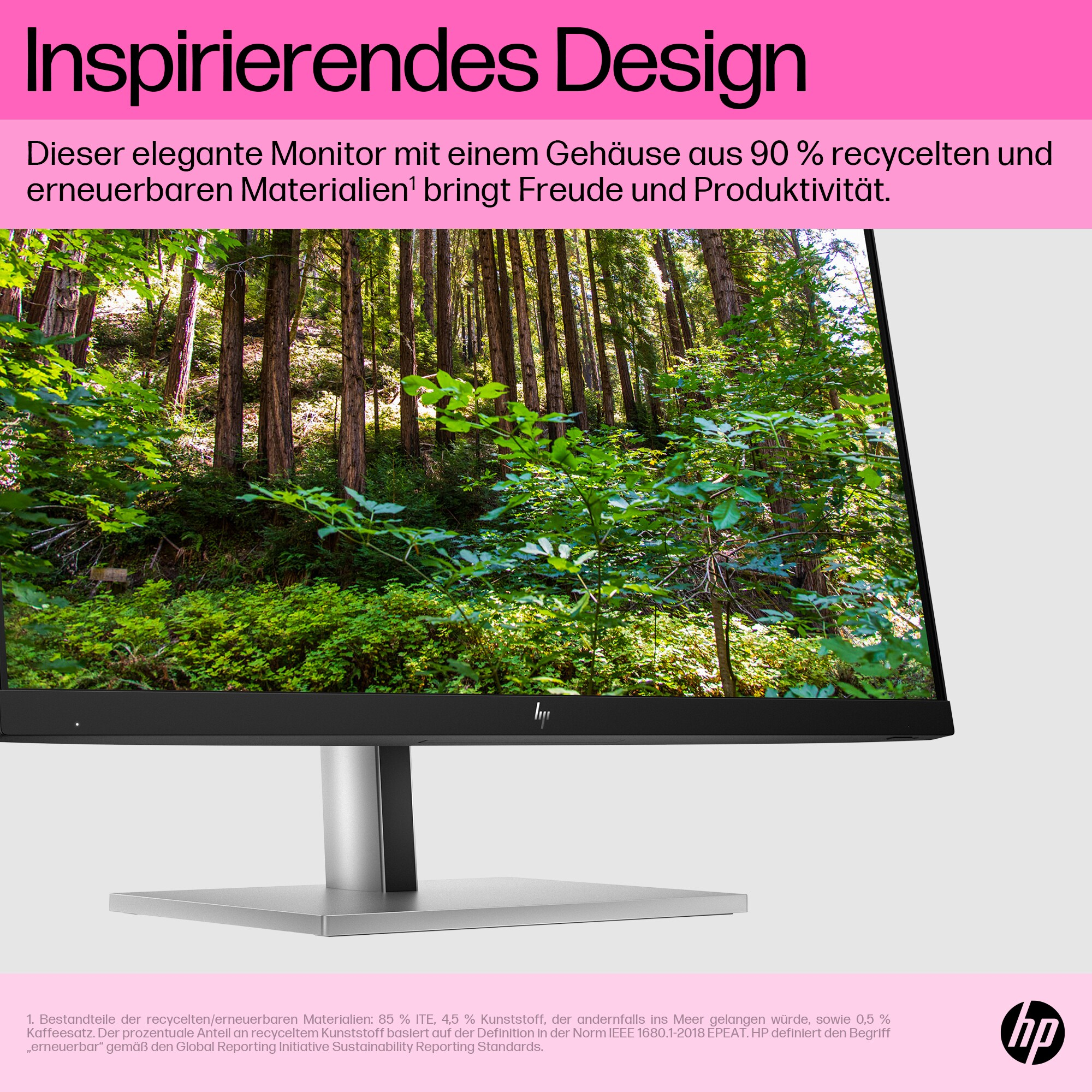 Ein HP-Monitor zeigt eine Waldszene. Der Monitor hat einen silbernen Ständer. Der Text lautet 'Inspirierendes Design'.