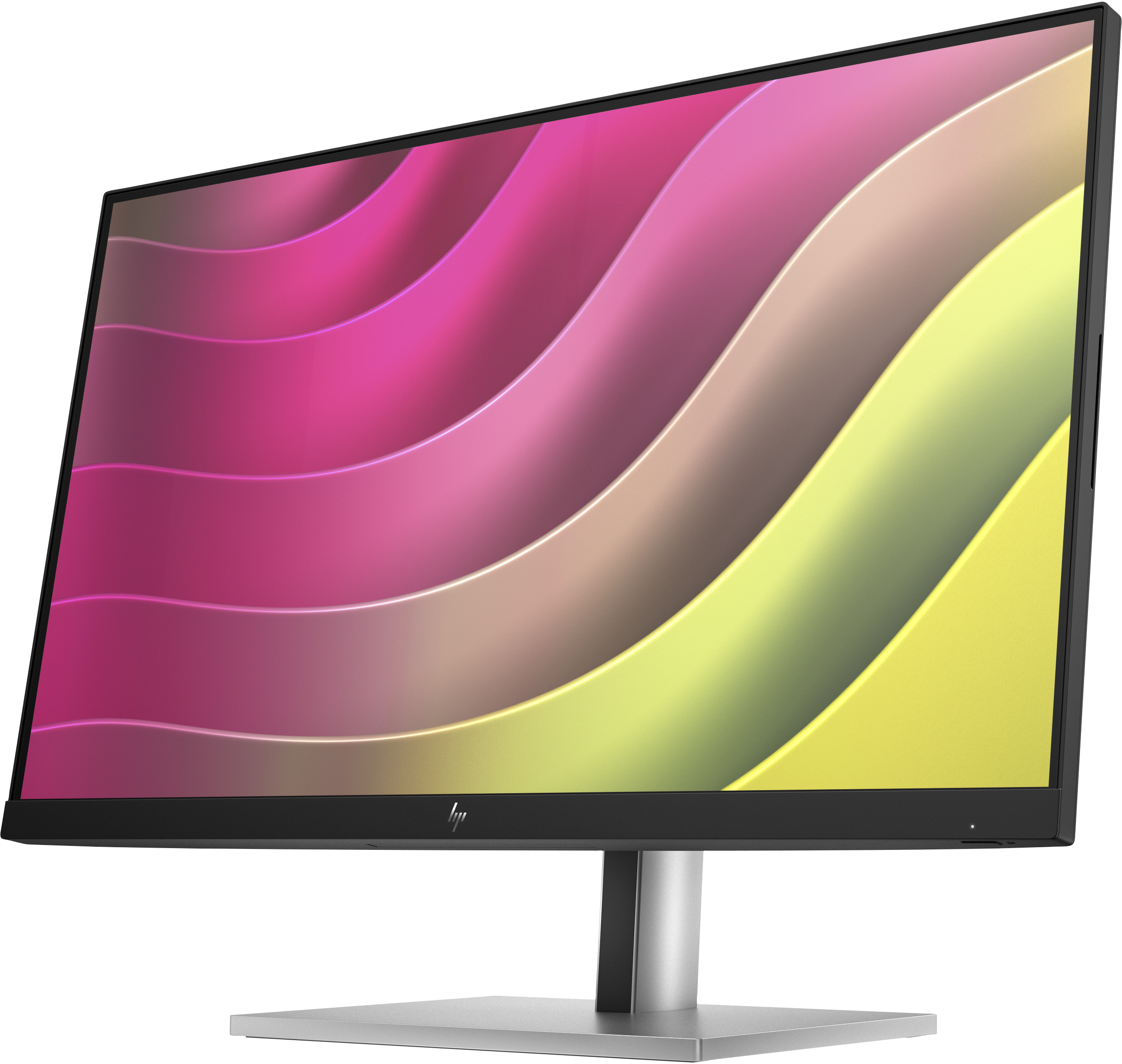 Ein HP-Monitor zeigt ein farbenfrohes, wellenförmiges Muster. Der Monitor hat einen silbernen Fuß und einen schwarzen Rahmen.