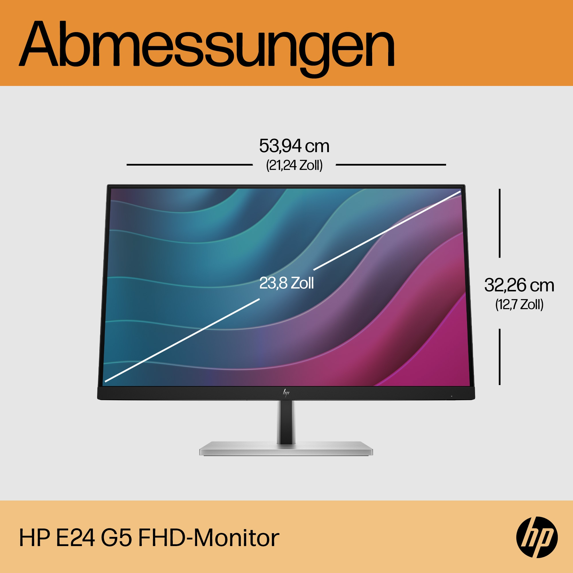 Ein Monitor mit Abmessungen. Der Bildschirm zeigt einen farbenfrohen Farbverlauf.