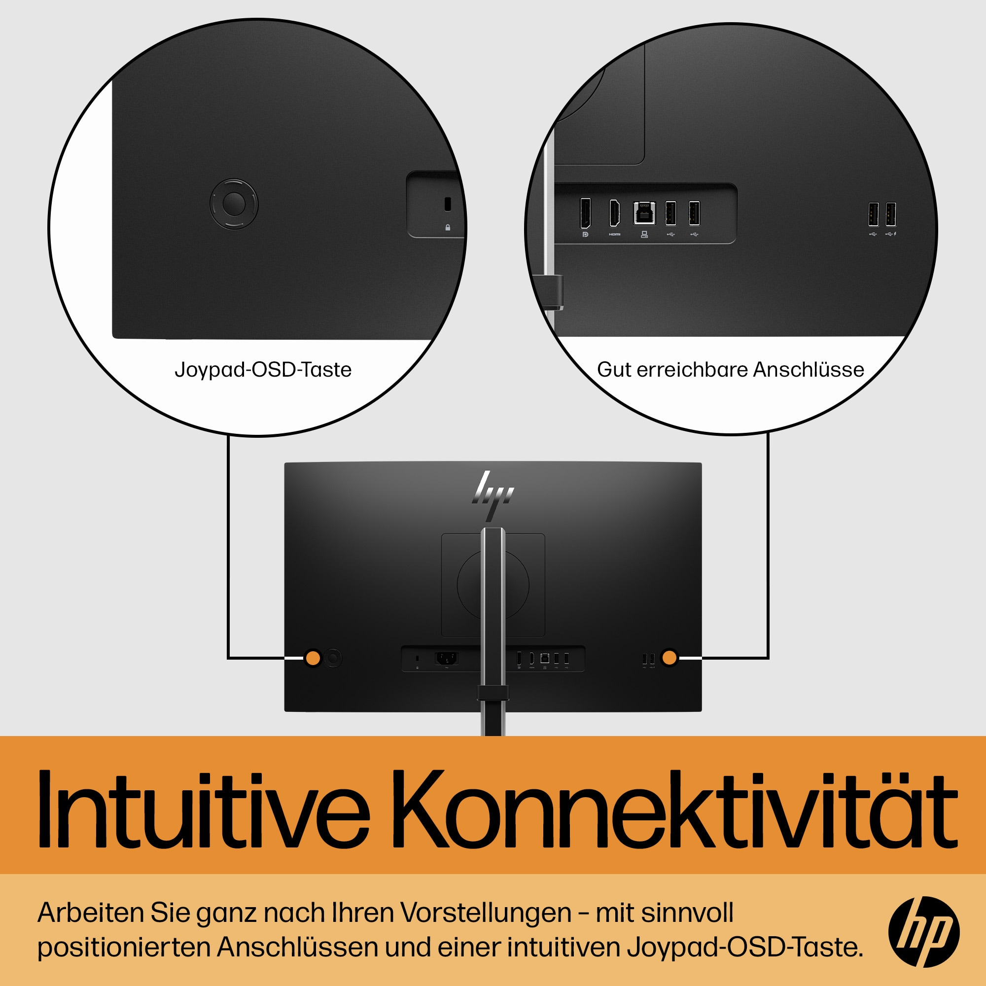 Rückseite des schwarzen Computermonitors mit Nahaufnahme der Anschlüsse und Joystick-Taste. Text: 'Intuitive Konnektivität'.