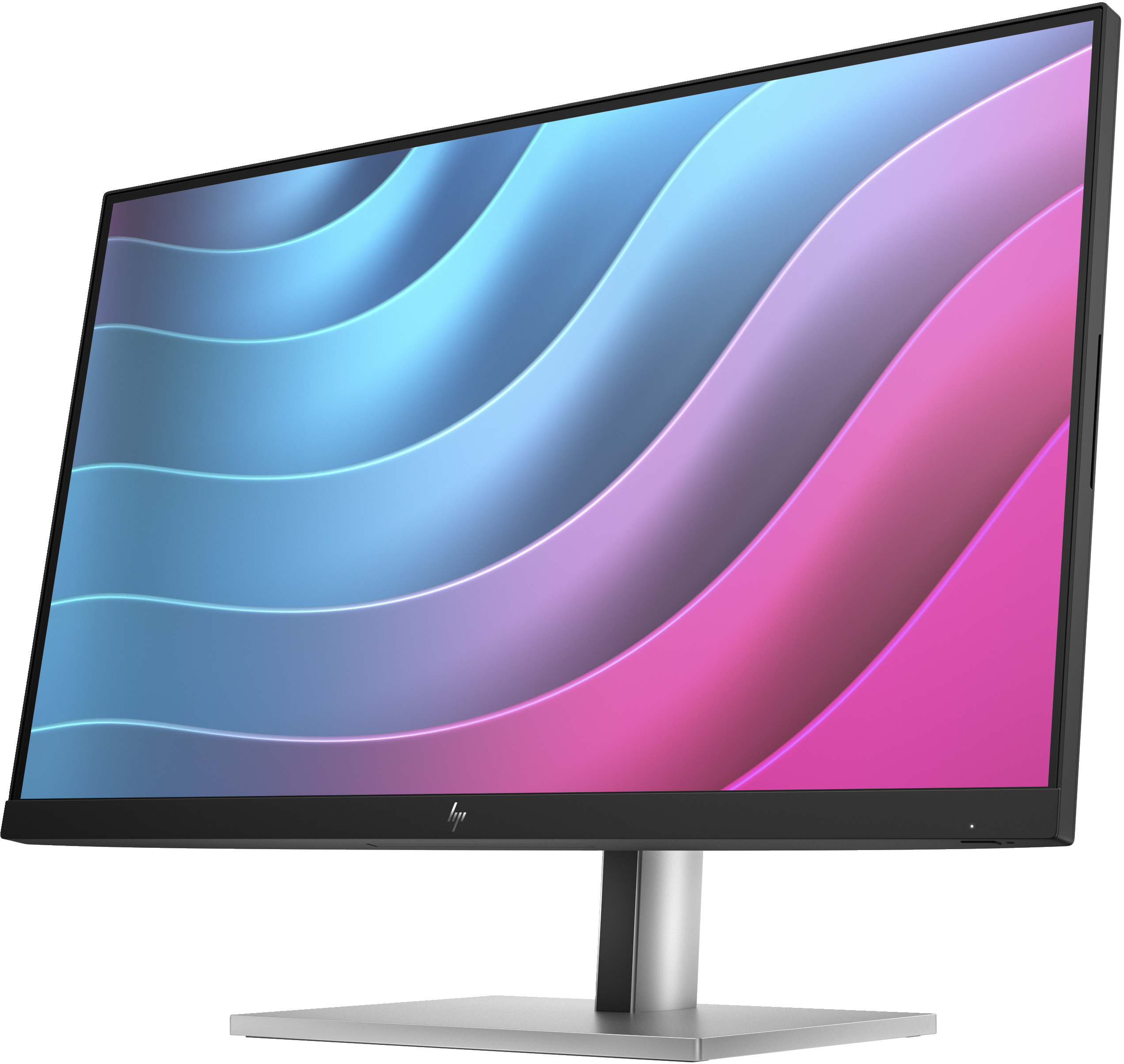 Monitor mit silbernem Ständer und schwarzem Rahmen. Der Bildschirm hat ein blaues, rosa und weißes Muster.