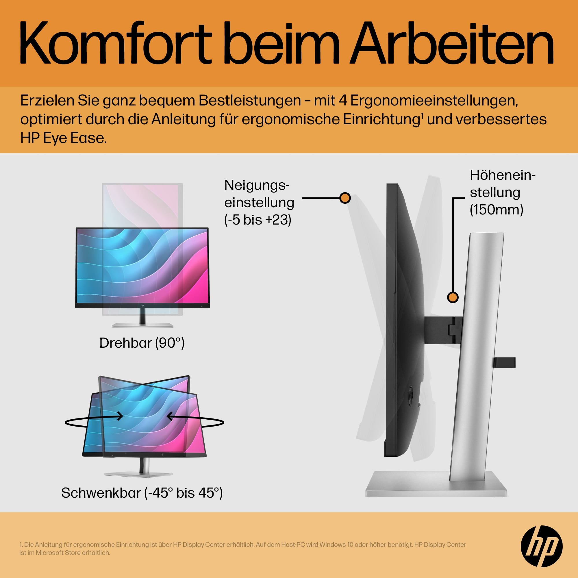 Diagramm, das Monitoreinstellungen zeigt: Neigung, Drehung und Höhenverstellung.