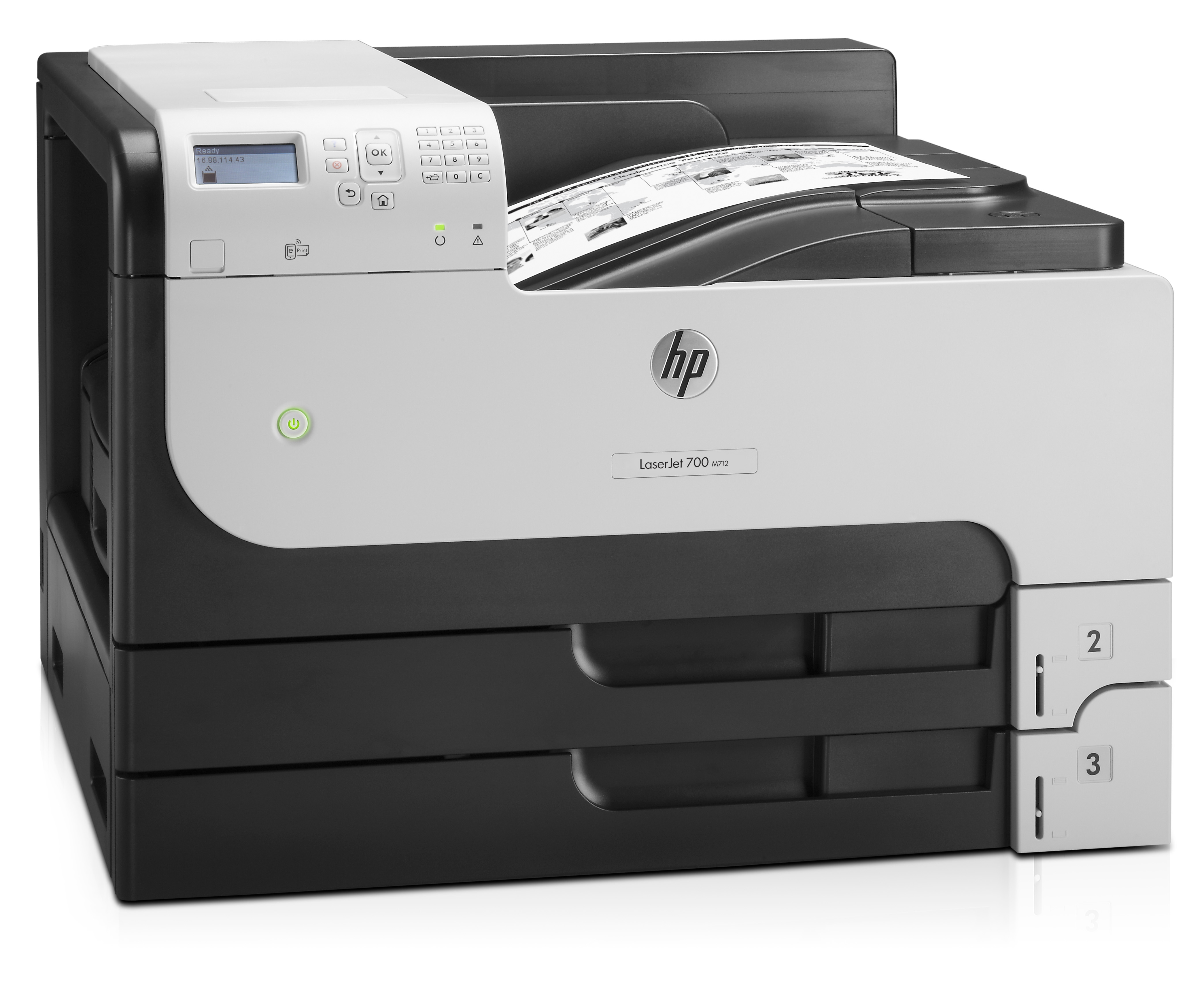 Ein schwarz-weißer HP-Laserdrucker mit Papierfächern und Bedienfeld.