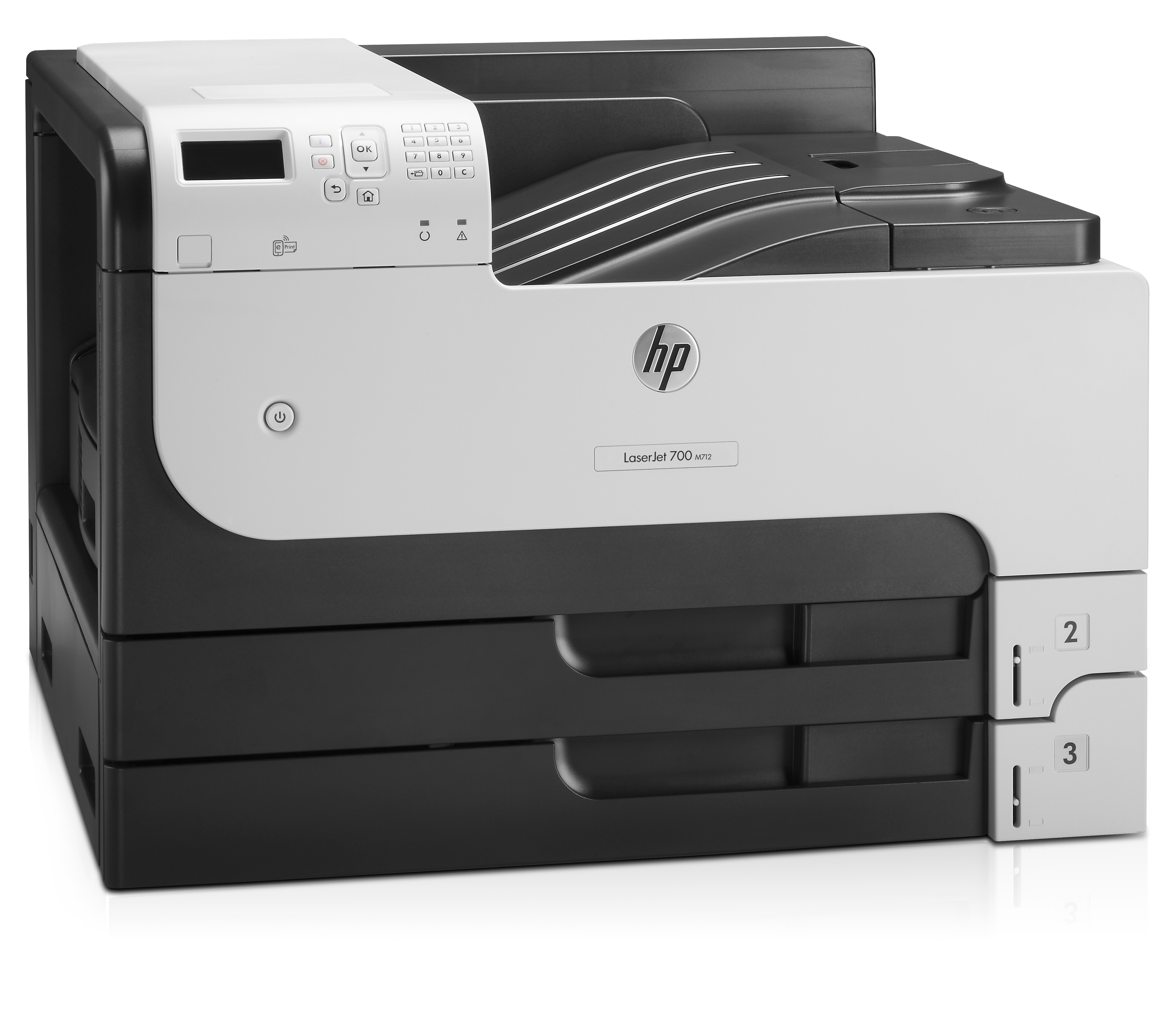 HP LaserJet 700 Farbdrucker, schwarz und weiß, mit Papierfächern.