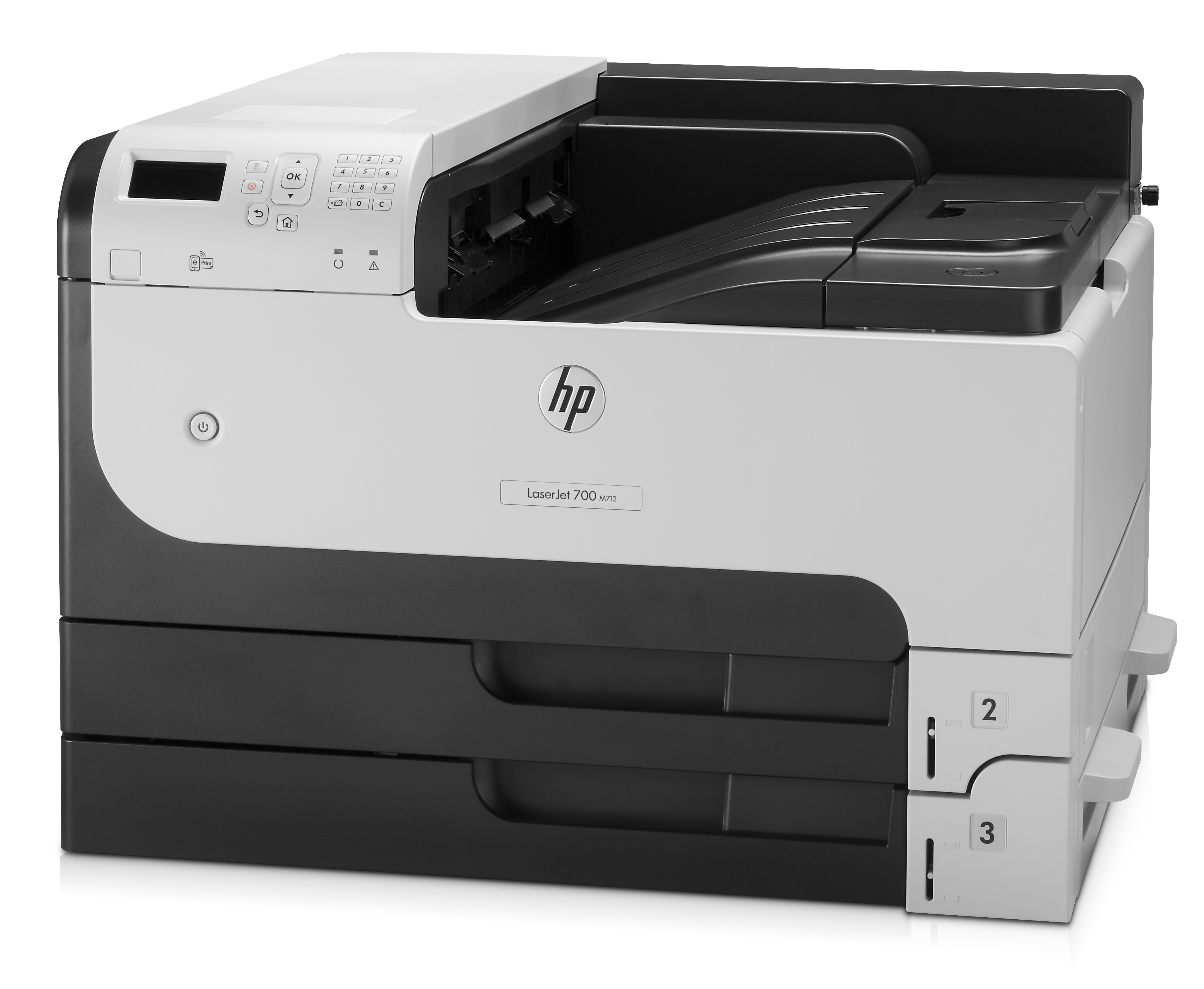 HP LaserJet 700 Drucker, weiß, schwarz und grau, mit Papierschächten mit der Aufschrift 2 und 3. Weißer Hintergrund.