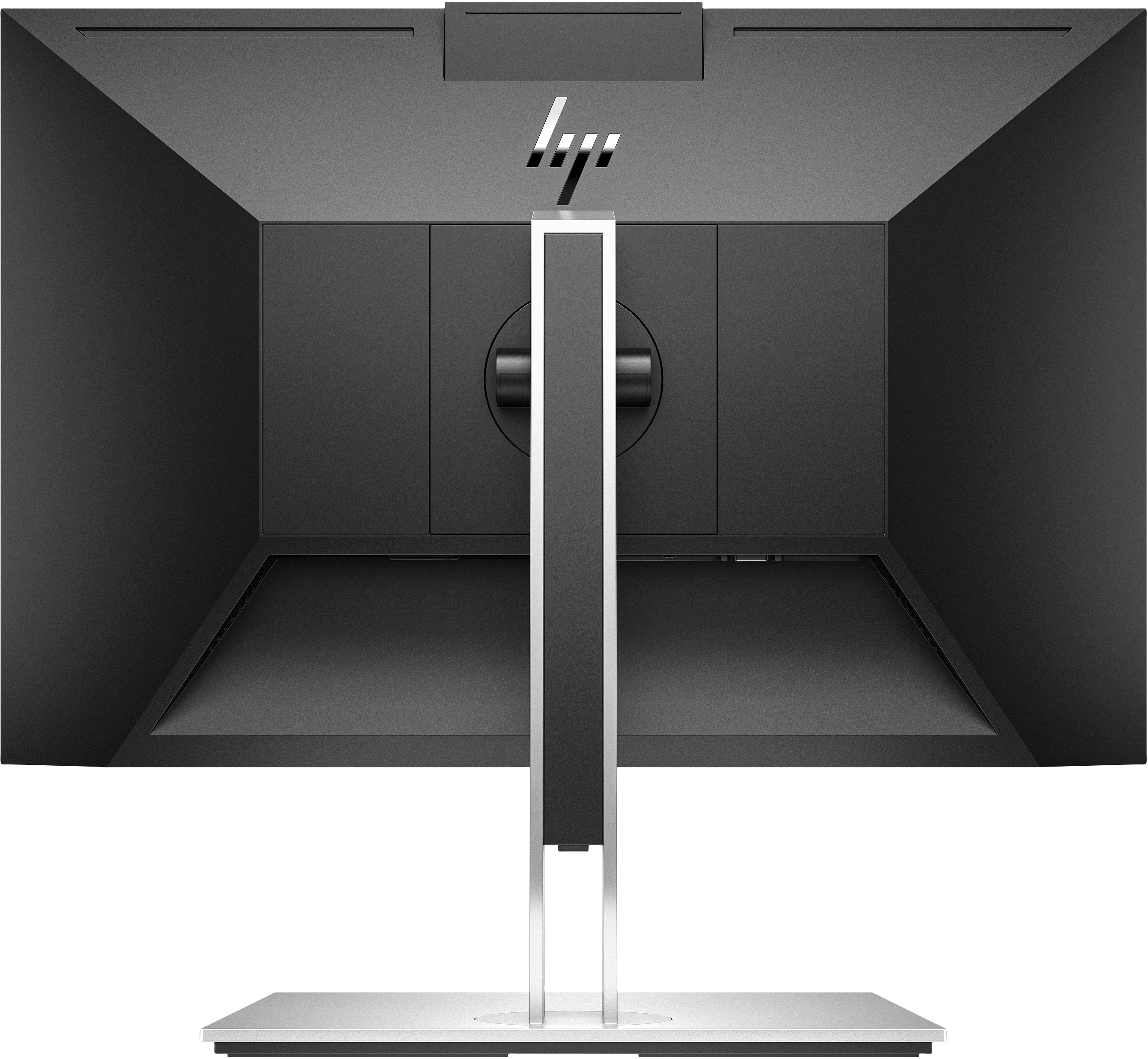 Rückansicht eines schwarz-silbernen Computermonitors. Das HP-Logo ist sichtbar. Der Ständer ist silberfarben.