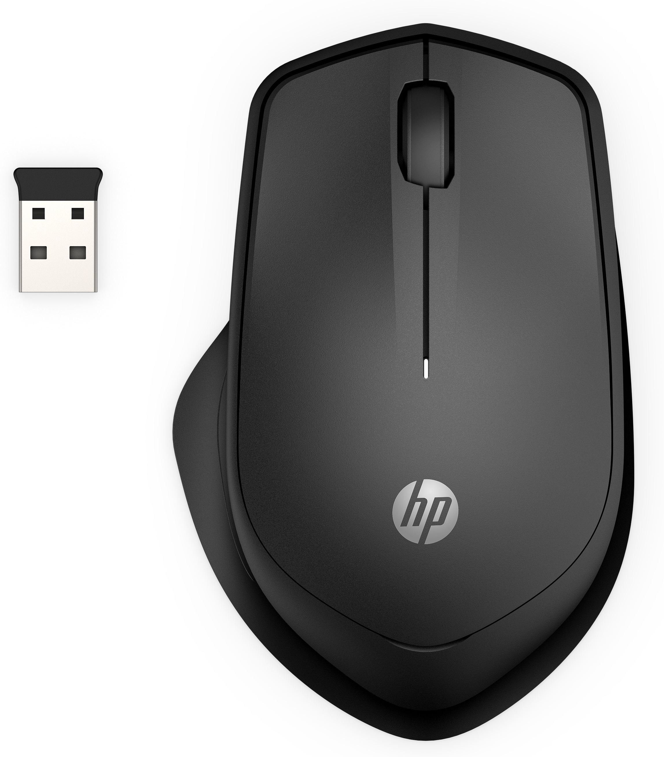 A black HP wireless mouse with a USB receiver next to it.