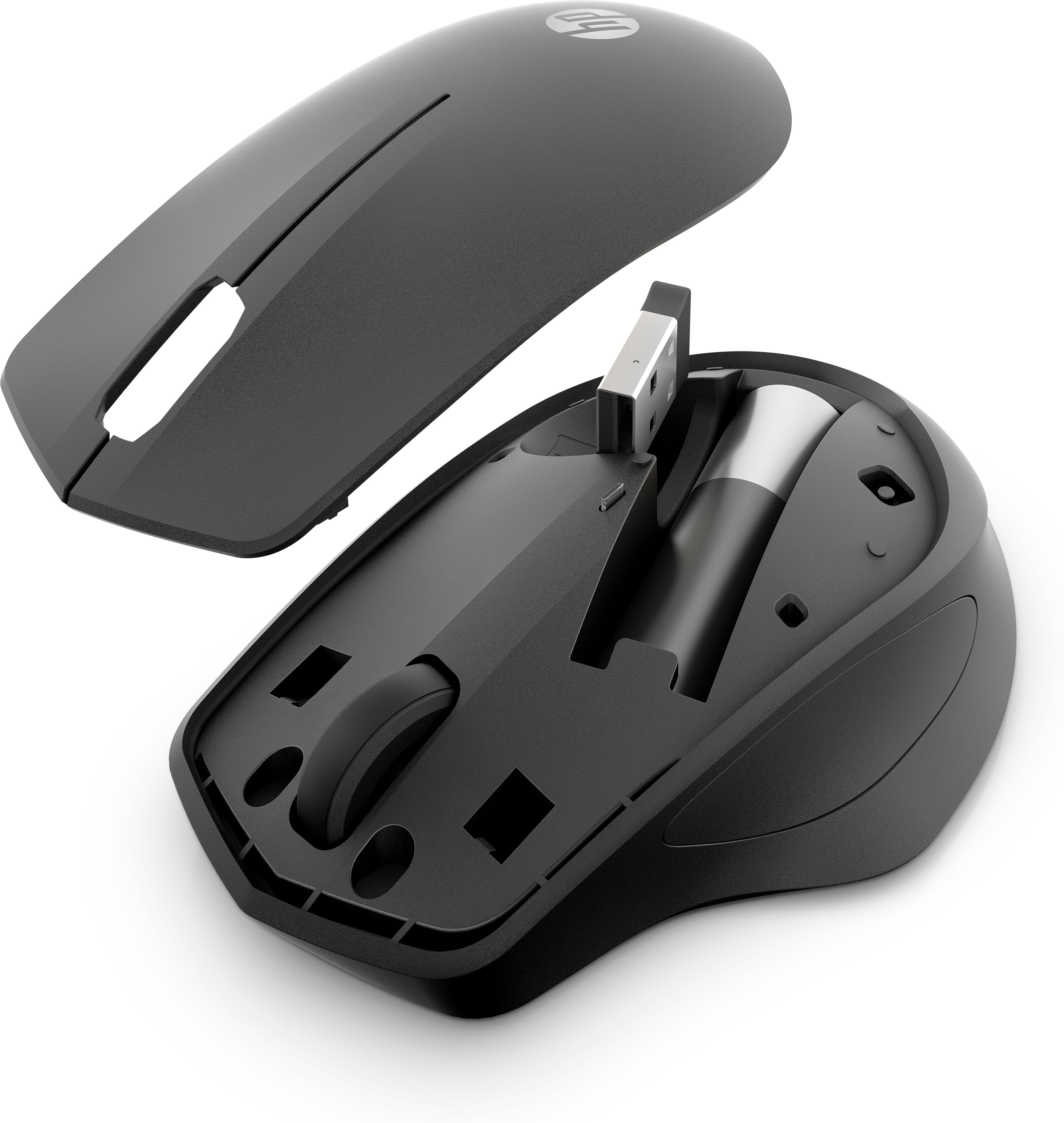 Black mouse with the top cover open, revealing the interior with a USB receiver and a battery.