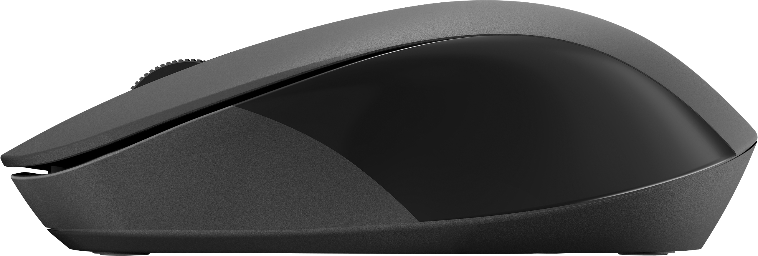 A black wireless mouse with a scroll wheel. It has a sleek design with a dark gray side.