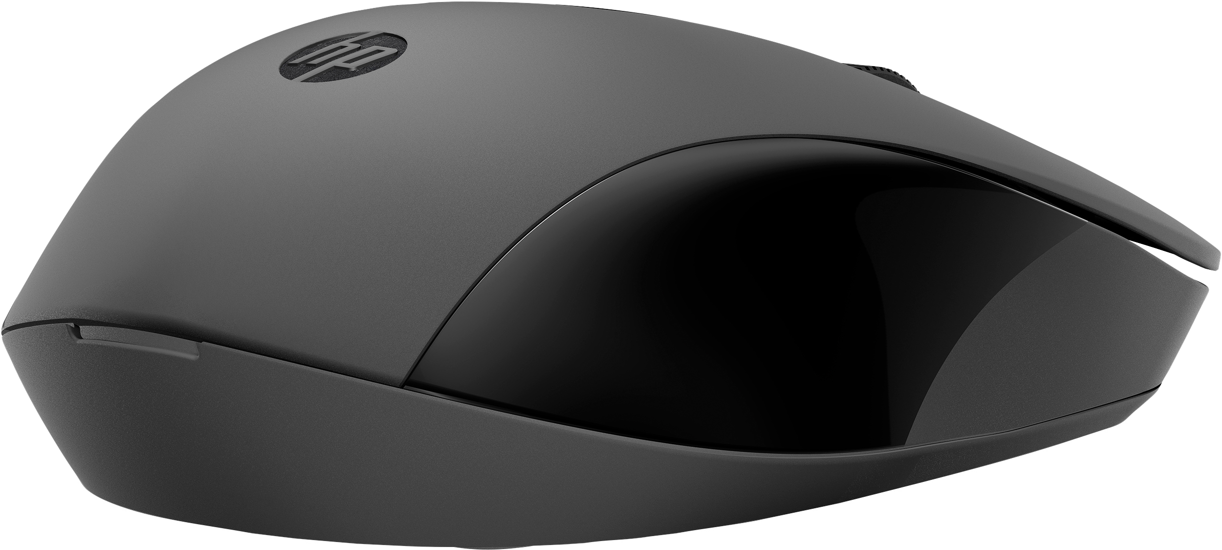 A gray HP wireless mouse with a black scroll wheel and an HP logo on top.