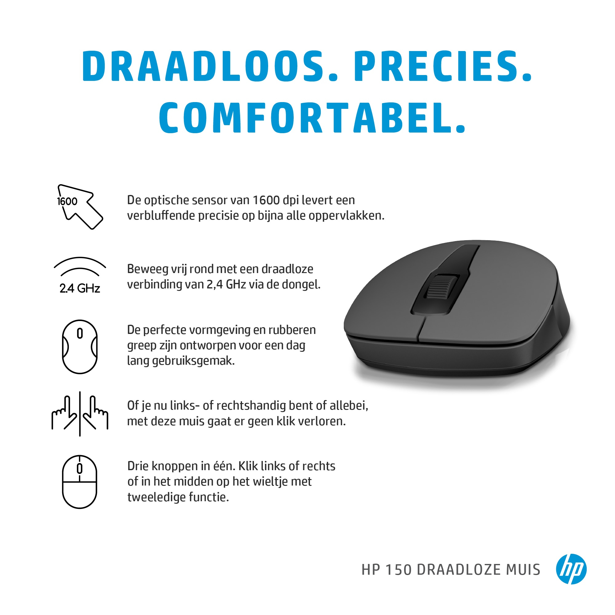 Black wireless mouse with buttons and text on a white background.
