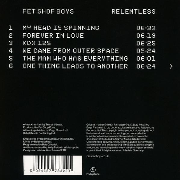 A Pet Shop Boys Relentless című albumának borítója, számlistával és kreditekkel.