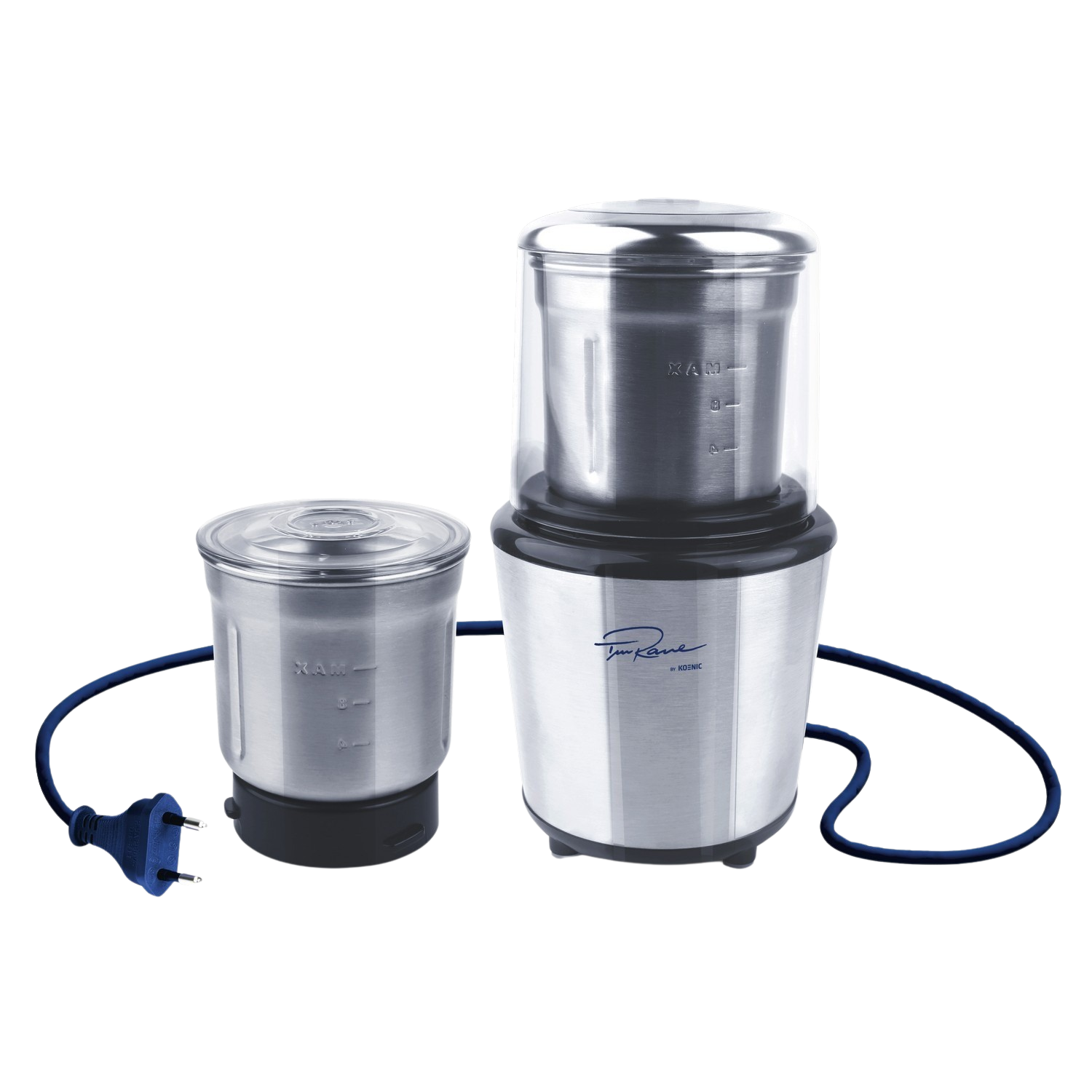 Elektrische koffiemolen met twee containers. Zilver en zwart ontwerp. Blauw netsnoer.