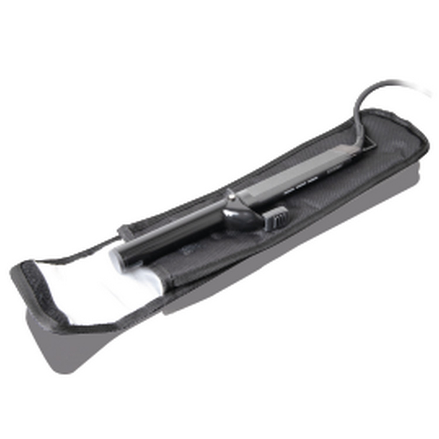 Black curling iron in a black case, on a white background.