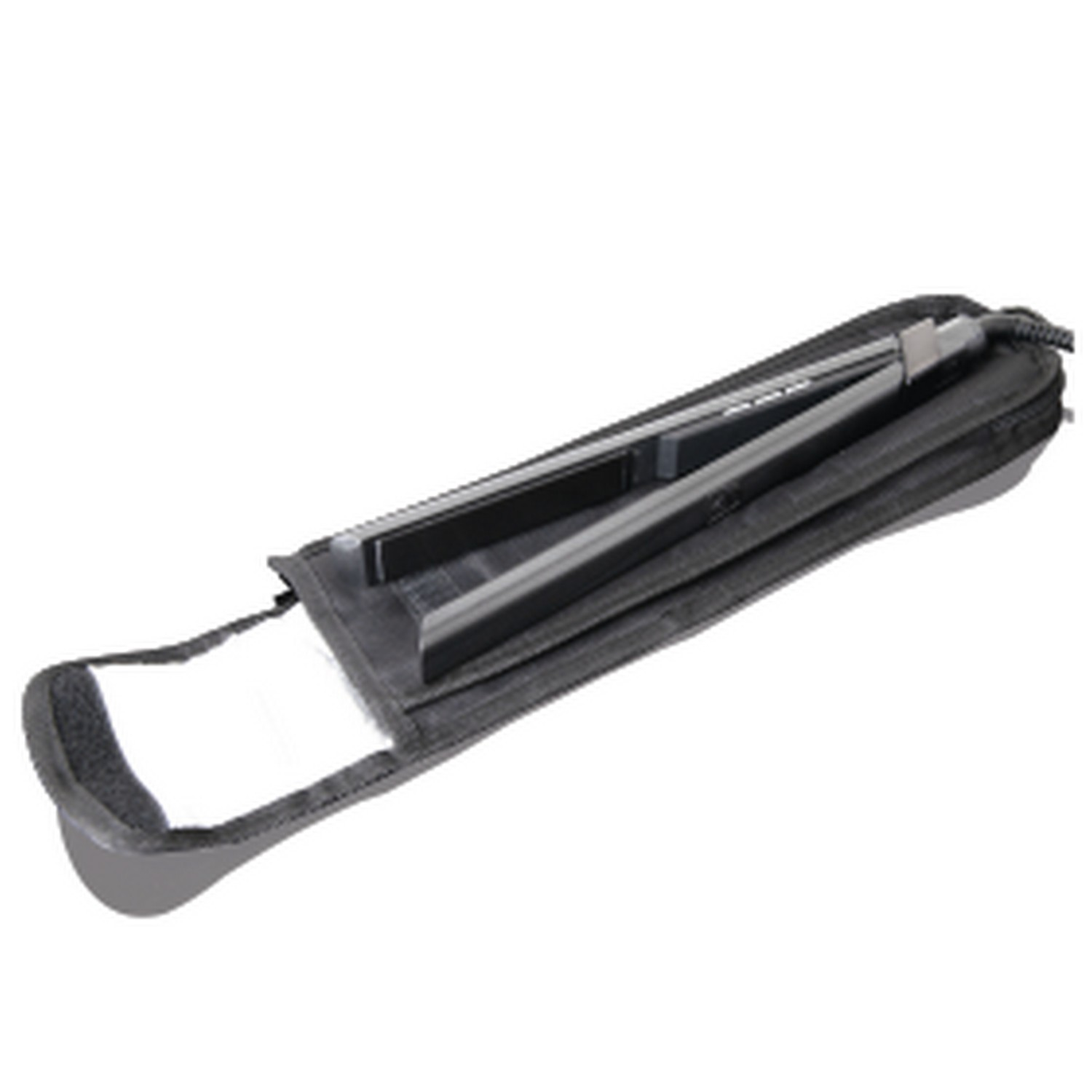 A black hair straightener in a black carrying case, open, on a white background.