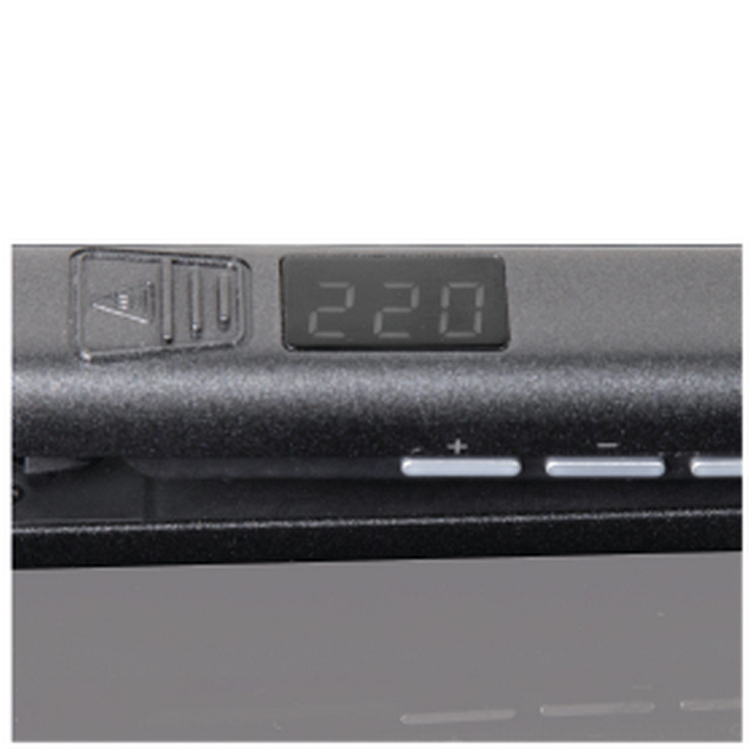 Close-up of a black hair straightener showing the temperature setting of 220.