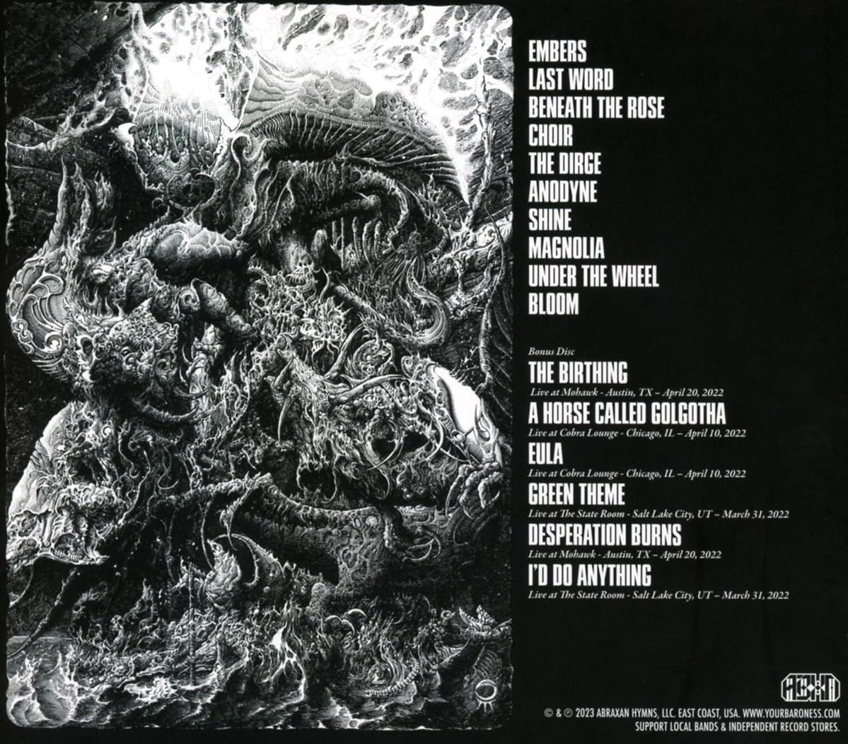 Albumcover mit Schwarz-Weiß-Grafiken und Songtiteln. Text listet eine Bonus-Disc auf.
