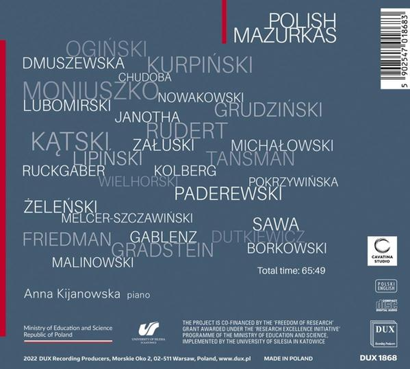 Rückseite eines CD-Covers mit einer Liste polnischer Komponisten und dem Titel 'POLISH MAZURKAS'.