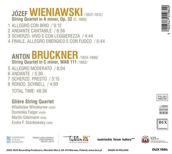 Rückseite einer CD mit Werklisten von Wieniawski und Bruckner, sowie dem Glière Streichquartett.