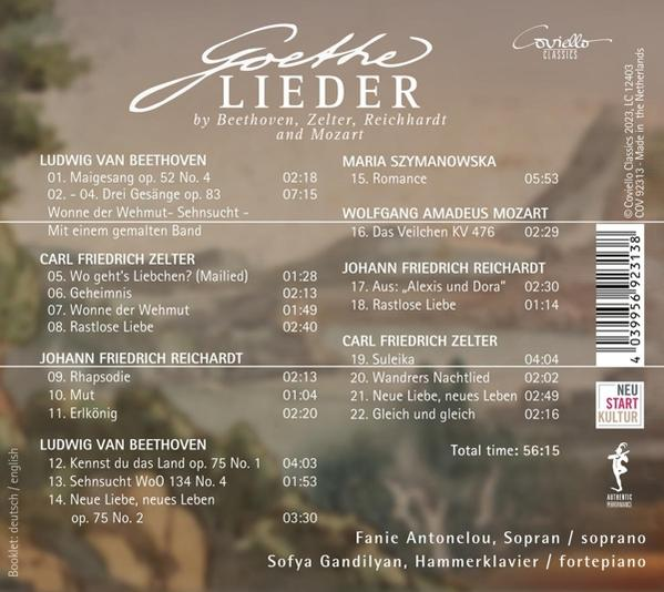 Albumcover mit Titel "Goethe Lieder" und Liste von Liedern von Beethoven, Zelter, Reichardt, Mozart.