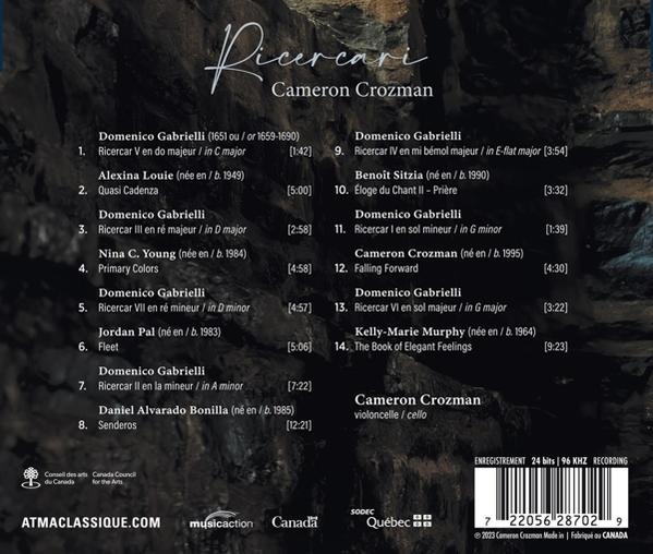 Album-Cover mit Titel "Ricercari" von Cameron Crozman, Trackliste und Logos.